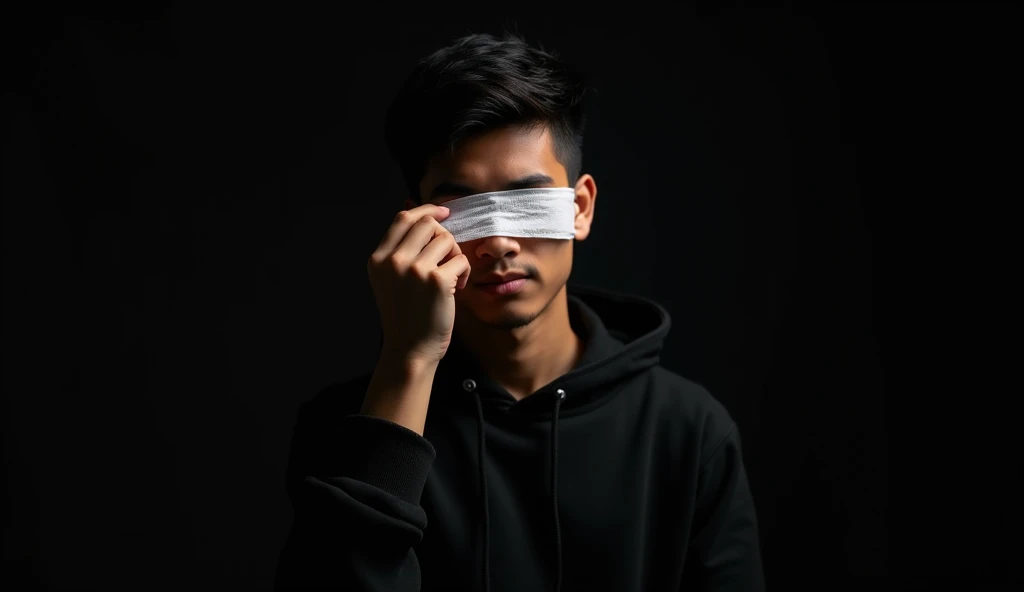 Can you create a brown book cover image with
a cute Asian guy who covers the eyes with a white cloth ?