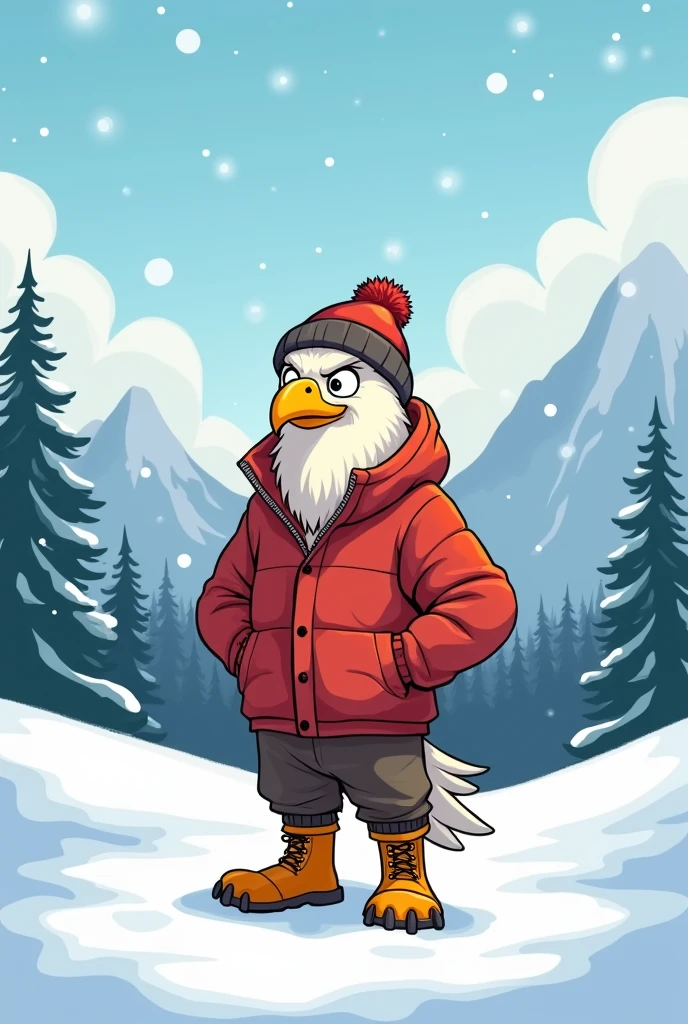 A cartoon image combining the pixar style with a hand-drawn cartoon style, a humanoid anthropomorphic eagle stands in the mountains in winter among the snow dressed in a warm winter jacket, a winter hat, winter warm pants and winter boots, winter, snow and a thrower