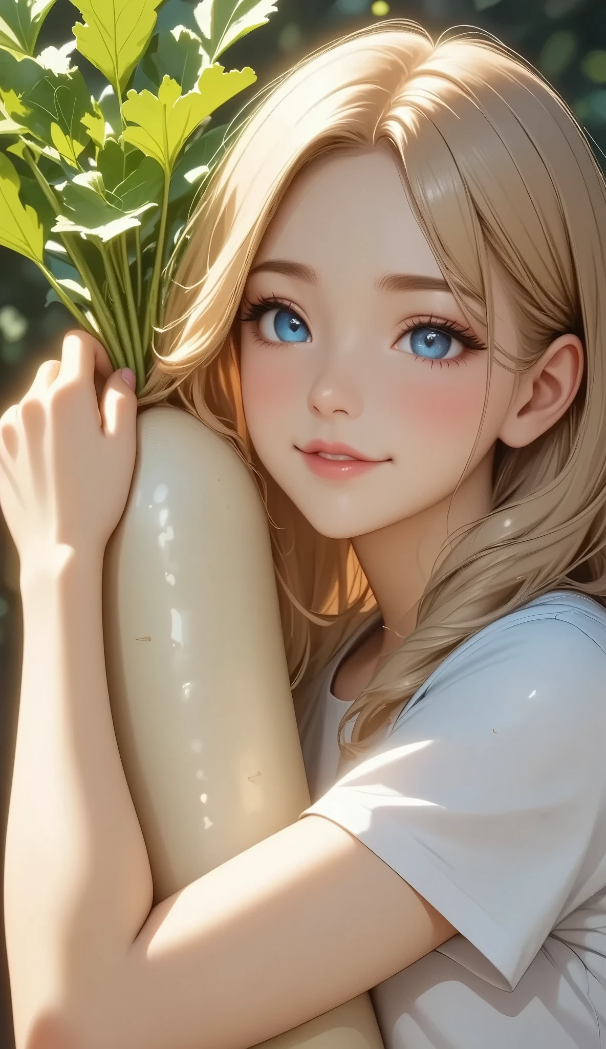 a cute young girl,smiling and holding a giant radish,detailed face and expression,1girl,extremely detailed,beautiful detailed eyes,beautiful detailed lips,extremely detailed eyes and face,longeyelashes,whimsical,fantasy,vibrant colors,soft lighting,warm color palette,detailed background,highly detailed,8k,masterpiece,photorealistic