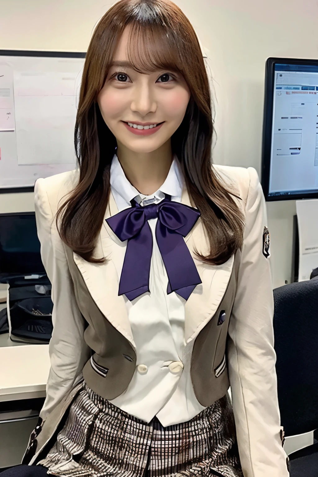 brown hair on one woman、With bangs、smile、Beautiful breasts、 slim body、Purple bow tie、I'm wearing a whiteshirt under a purple blazer、 plaid pleated miniskirt wearing a whiteShirt underneath、 across her crotch、On the desk、In the classroom、She loves me