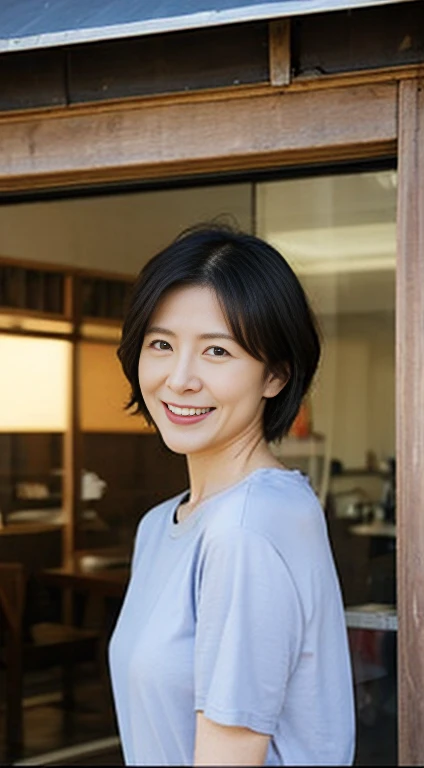 Japanese , very short hair, black hair , smile, skirt, 50 years old, plain t-shirt,