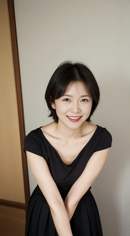 Japanese , very short hair, black hair , smile, skirt, 50 years old, plain t-shirt,