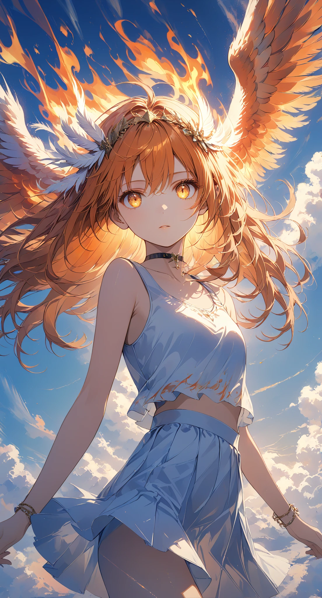 Masterpiece, high quality, high resolution, 16K, highly detailed background, digital painting, unreal engine, Makoto Shinkai illustration, hyperrealistic, fantasy, petite girl, phoenix, beautiful face, beautiful skin, long eyelashes, beautiful eyes, beautiful legs Full body, orange hair, messy hair, reddish tint to the tips, feather hairpiece, golden eyes, flame pattern around eyes, fair skin, flame pattern on hands and arms, tank top and skirt, white and orange based clothing, transparent material, choker, expressionless face, burning sunset, dynamic angles