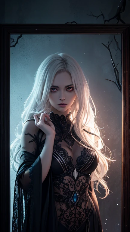 A mysterious and ethereal woman with strikingly blue glowing eyes, framed by intricate black cracks that branch across her pale, porcelain-like skin. Her hair is silvery white, styled in soft waves, contrasting the dark, sinister elements of her appearance. She holds her hand up, partially covering her face. The hand is blackened and charred, with glowing blue energy emanating from within, resembling living flames. The scene is dark and atmospheric, with a mystical, fantasy-like background blurred to enhance the focus on the character. Her expression is intense and otherworldly, conveying power, mystery, and allure. The overall tone is dramatic and fantastical, combining dark magic elements with an elegant, haunting beauty. Close-up picture. 