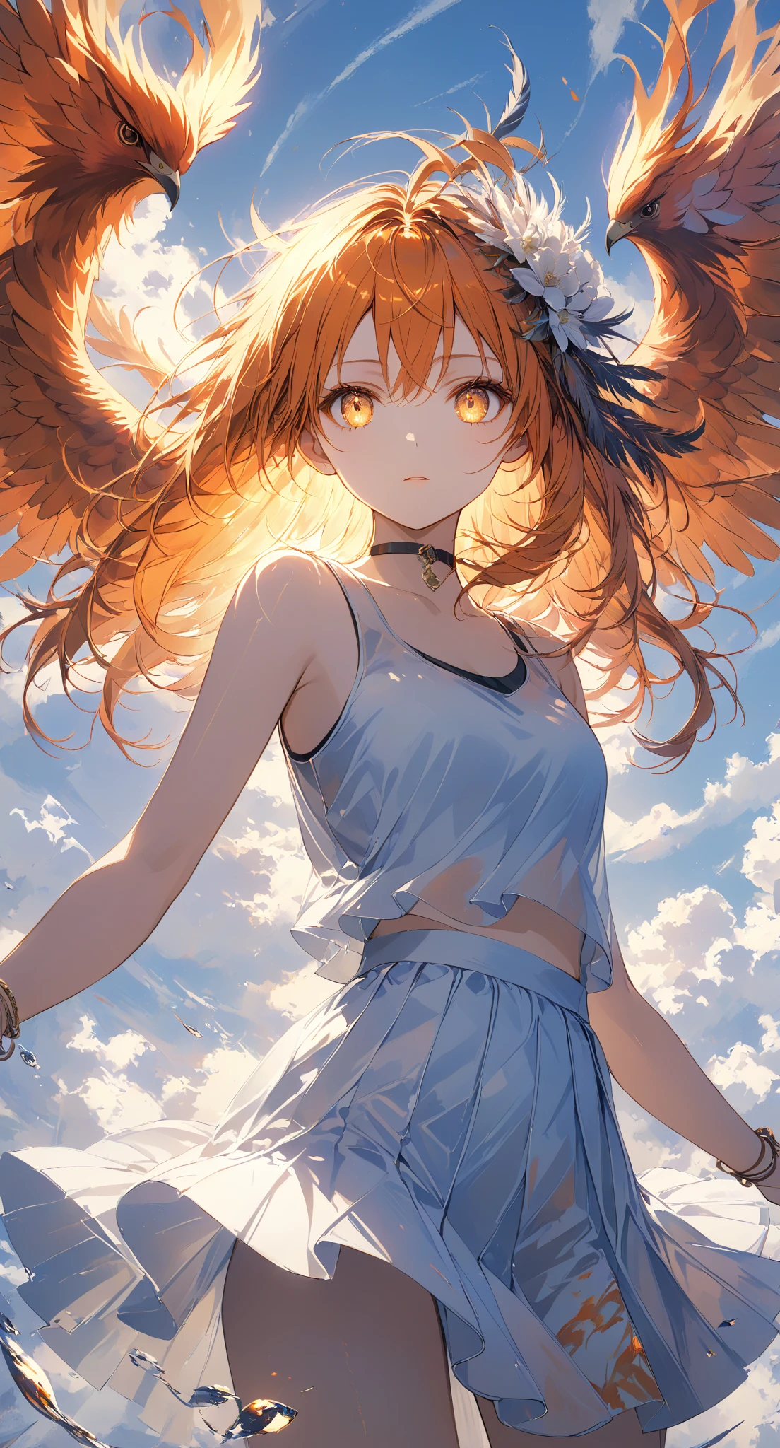 Masterpiece, high quality, high resolution, 16K, highly detailed background, digital painting, unreal engine, Makoto Shinkai illustration, hyperrealistic, fantasy, petite girl, phoenix, beautiful face, beautiful skin, long eyelashes, beautiful eyes, beautiful legs Full body, orange hair, messy hair, reddish tint to the tips, feather hairpiece, golden eyes, flame pattern around eyes, fair skin, flame pattern on hands and arms, tank top and skirt, white and orange based clothing, transparent material, choker, expressionless face, burning sunset, dynamic angles