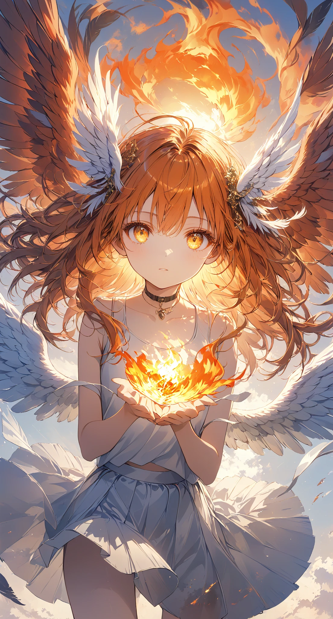 Masterpiece, high quality, high resolution, 16K, highly detailed background, digital painting, unreal engine, Makoto Shinkai illustration, hyperrealistic, fantasy, petite girl, phoenix, beautiful face, beautiful skin, long eyelashes, beautiful eyes, beautiful legs Full body, orange hair, messy hair, reddish tint to the tips, feather hairpiece, golden eyes, flame pattern around eyes, fair skin, flame pattern on hands and arms, tank top and skirt, white and orange based clothing, transparent material, choker, expressionless face, burning sunset, dynamic angles