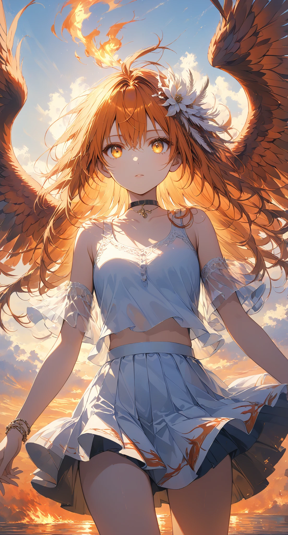 Masterpiece, high quality, high resolution, 16K, highly detailed background, digital painting, unreal engine, Makoto Shinkai illustration, hyperrealistic, fantasy, petite girl, phoenix, beautiful face, beautiful skin, long eyelashes, beautiful eyes, beautiful legs Full body, orange hair, messy hair, reddish tint to the tips, feather hairpiece, golden eyes, flame pattern around eyes, fair skin, flame pattern on hands and arms, tank top and skirt, white and orange based clothing, transparent material, choker, expressionless face, burning sunset, dynamic angles