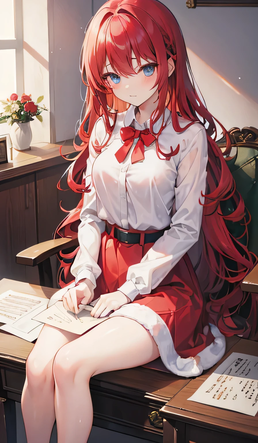 Red-haired girl, blue eyes, with school modern uniform, in from of mirror