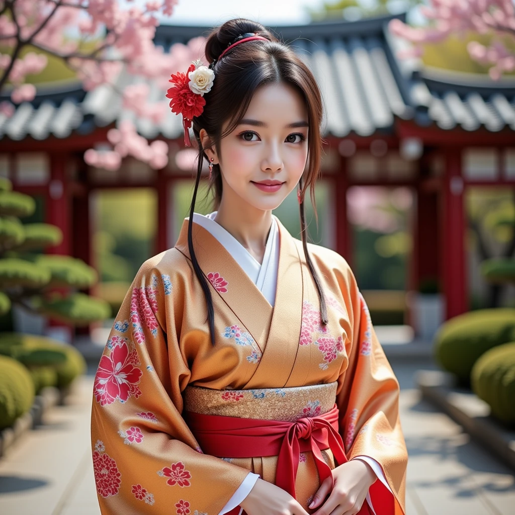 A feinart portrait of an beautiful asian woman wearing an elegant Japanese gold and red flowers adorned koso1,white thin long sash with knot ,full-body-shoto, smile:1.3,in Background :  a Japanese Temple and garden.lot of trees. Beautiful sunlight in the spring.