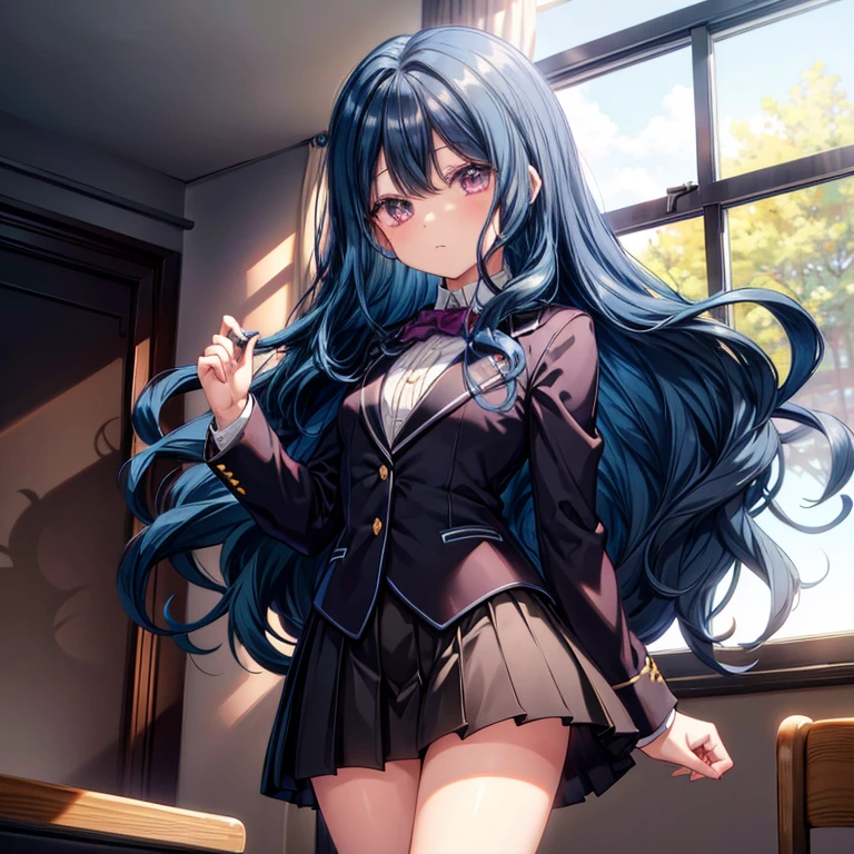 (( top quality)), ((masterpiece)), (  Details), ( super high resolution)、 Nozaki Masaru 、 girl１people、
(Narrow eyes、Half an eye、Jitome、Twirling Eyes :1.2)、(Eye light: 1.2)、 closed mouth、 blue hair 、 Very Long Hair 、( Wavy Hair :1.2)、 purple eyes、 beautiful eyes、 No Emotion、
( Black Blazer 、 Black Mini Skirt 、Black socks)、Thin chest、
 perfect face、超 Detailsな瞳、超 Detailsな肌、 perfect body、( perfect finger、Perfect hands)、
whole body、 standing、( Cowboy Shots 1 & 3)、
classroom、 professional lighting、８k、