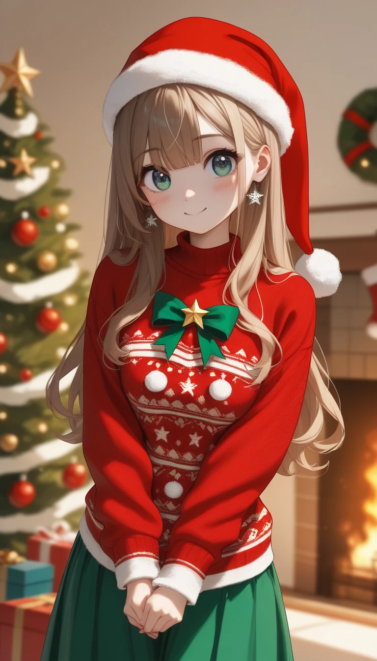  top quality、 super detailed、 very cute girl、Teenager、Super cute face、Brown Hair、 long hair、 long straight hair、(((" Santa Claus"Red knit 、cute knitted sweater)))、Christmas tree green long skirt、