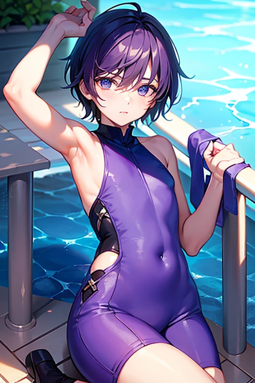 (((official art,Super thin illustration,High resolution, muste piece, best quality,best quality,)))high quality, detailed, (little boy),12 years old, A young ace striker male idol with a super cute face,A boy as beautiful as Planding, Cool handsome face with smile, soccer spike, long legs, thighs, Foots, Bulge, (purple hair、short hair、spiky hair)、shiny hair, (tight shiny blue training bodysuit), (tight and shiny soccer shorts), cool pose,boy with sharp eyes、 (厚いthighs、Seduce your big ass to your crotch)、(((pool)))、((Saucy、))、grinning grin、spread legs,ultra fine painting, (best quality, In 4K, 8K, High resolution, muste piece:1.2),(((Being aware of the sexual gaze of middle-aged gay men)))、Service Shots、(((black skin)))、((detailedな目:1.2))、cute eyes、