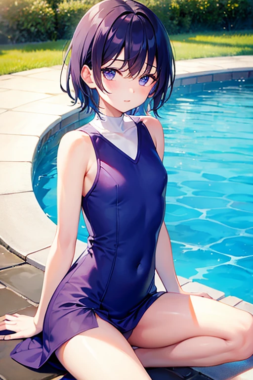 Colorful high leg swimsuit　Medium hair with black hair　blush　smile　standing facing this way　Pool