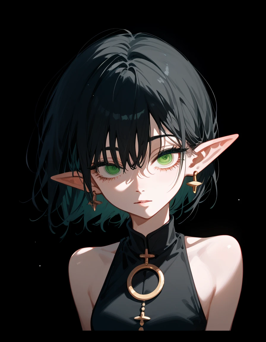 1 girl,Black hair, in the green eye,Short hair,wear, Medium Bust ,Pointed ears,Ear Piercing,Korean Fashion Sleeveless Dress, with moles under eyes , chainsaw art, Top details ,Dark circles under the eyes, black background