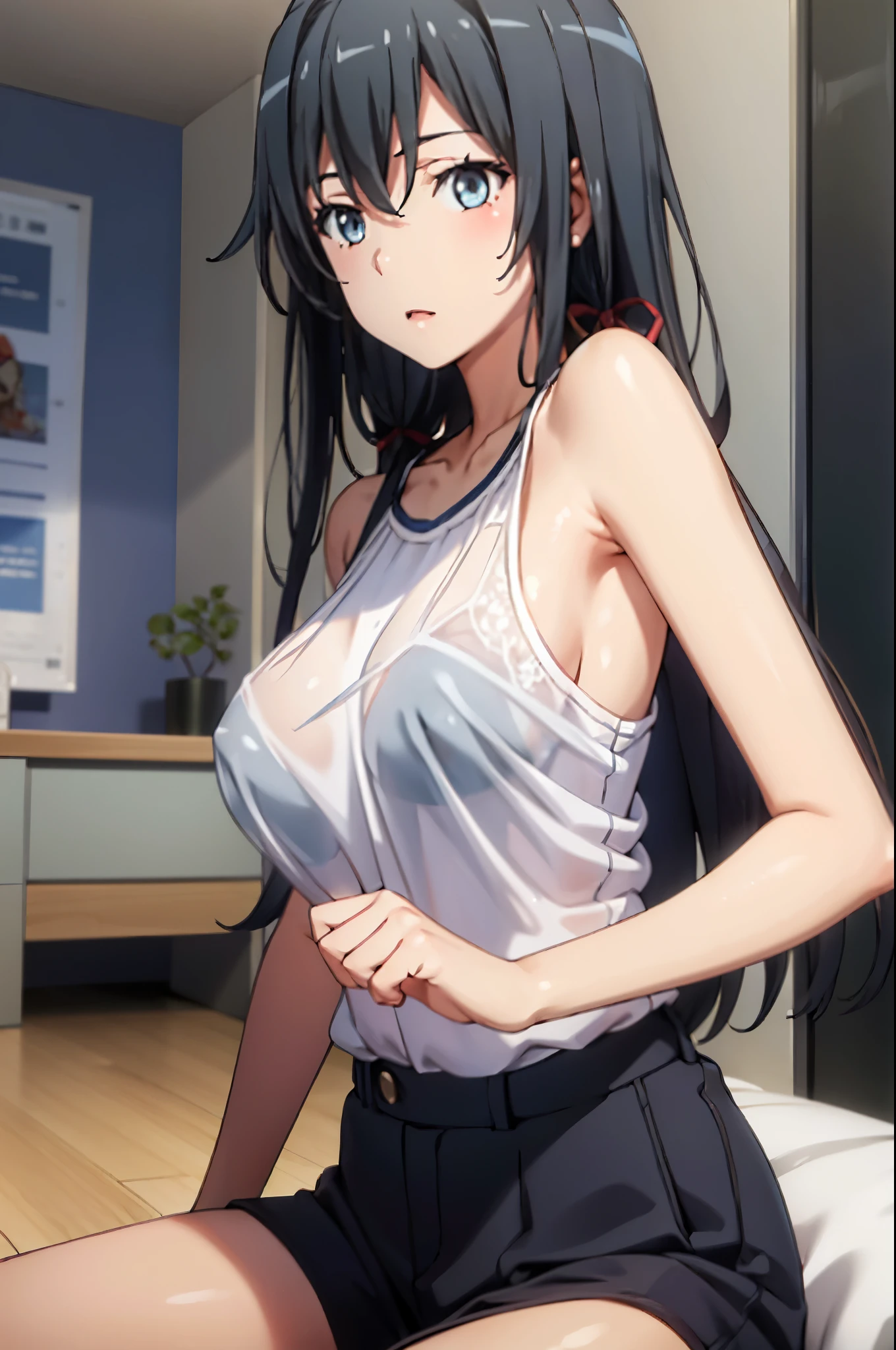 Masterpiece, best quality, highres, highly detailed, 1 girl, yukinoshita yukino, long hair, black hair, aqua eyes, large breast,sleevess shirt, see-through shirt, black bra, sitting, inside, crawling, camera angle from under her, perfect finger shape, the number of  is not excessive, the number of fingers is perfect,