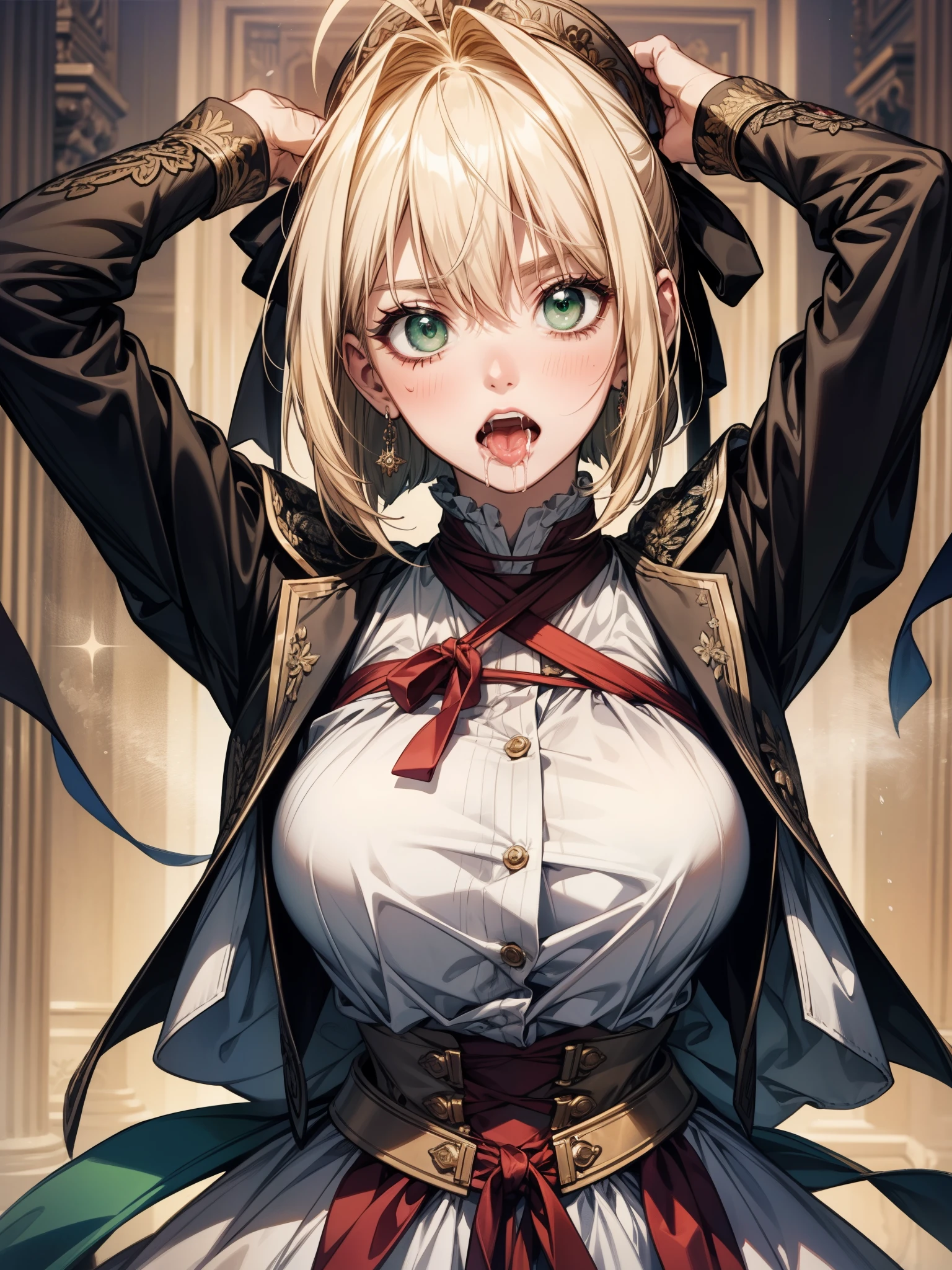 1girl,fgonero, nero, ahoge, blonde hair, (green eyes:1.5), hair between eyes, hair intakes, (Large Breast:1.4),
BREAK
BREAK ((scared expression:1.2)),((open mouth)),((saliva:1.2)),((heavy breathing)),((hands tied:1.5)),
BREAK (masterpiece:1.2), best quality, high resolution, unity 8k wallpaper, (illustration:0.8), (beautiful detailed eyes:1.6), extremely detailed face, perfect lighting, extremely detailed CG, (perfect hands, perfect anatomy),