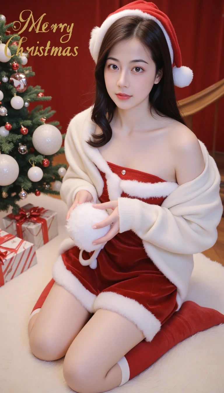 1girll、(8K)、(Top image quality:1.2)、(reallistic)、(Photorealsitic:1.37)、christmas decoration house、Santa Claus hat、Santa Claus Costume、(toppless、small nipples、Not wearing panties)、gravure、Beautiful Japan、Brown hair long、28 year old、(from above) 、(looking at viewer、((lying down pose、embarrassed))、(bust shot)