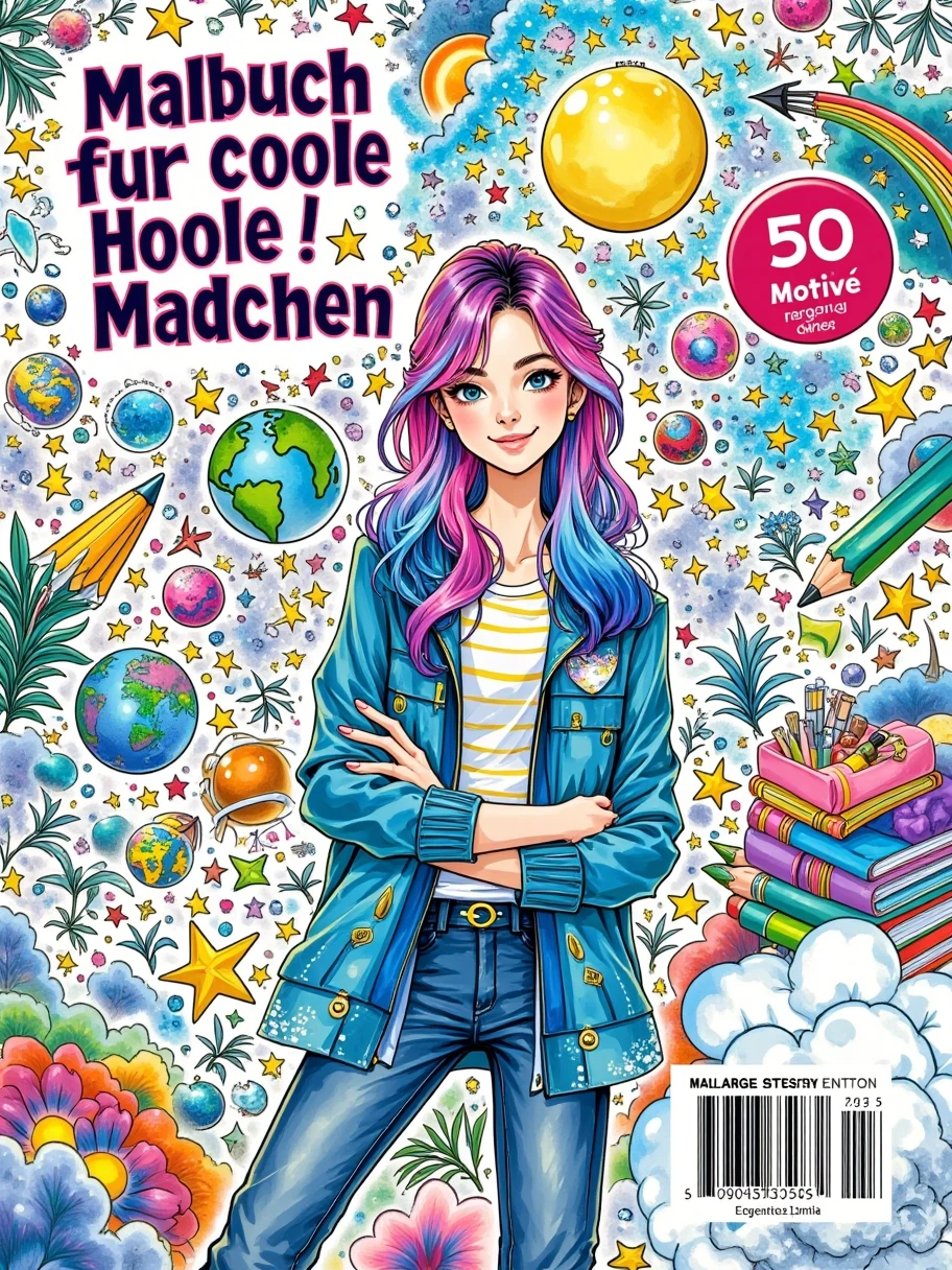 Create a vibrant, detailed coloring book cover featuring a confident and stylish teenage girl with long, wavy, multi-colored hair in shades of pink, purple, and blue. The girl should be standing with her arms crossed, wearing a casual, trendy outfit including a jacket, striped shirt, and jeans. Her expression should be cool and playful, with a small heart sticker on her cheek. Surround her with colorful, playful objects such as planets, stars, rainbows, pencils, paintbrushes, books, globes, and other creative elements, all in a fun and energetic composition. The background should be a detailed, doodle-like pattern filled with more objects, giving a busy and artistic feel. Use bright, bold colors and ensure the overall tone is upbeat and engaging, targeting young girls. Include text at the top that says 'Malbuch fur coole Madchen' in bold, playful letters, with '50 Motive' highlighted as a feature.