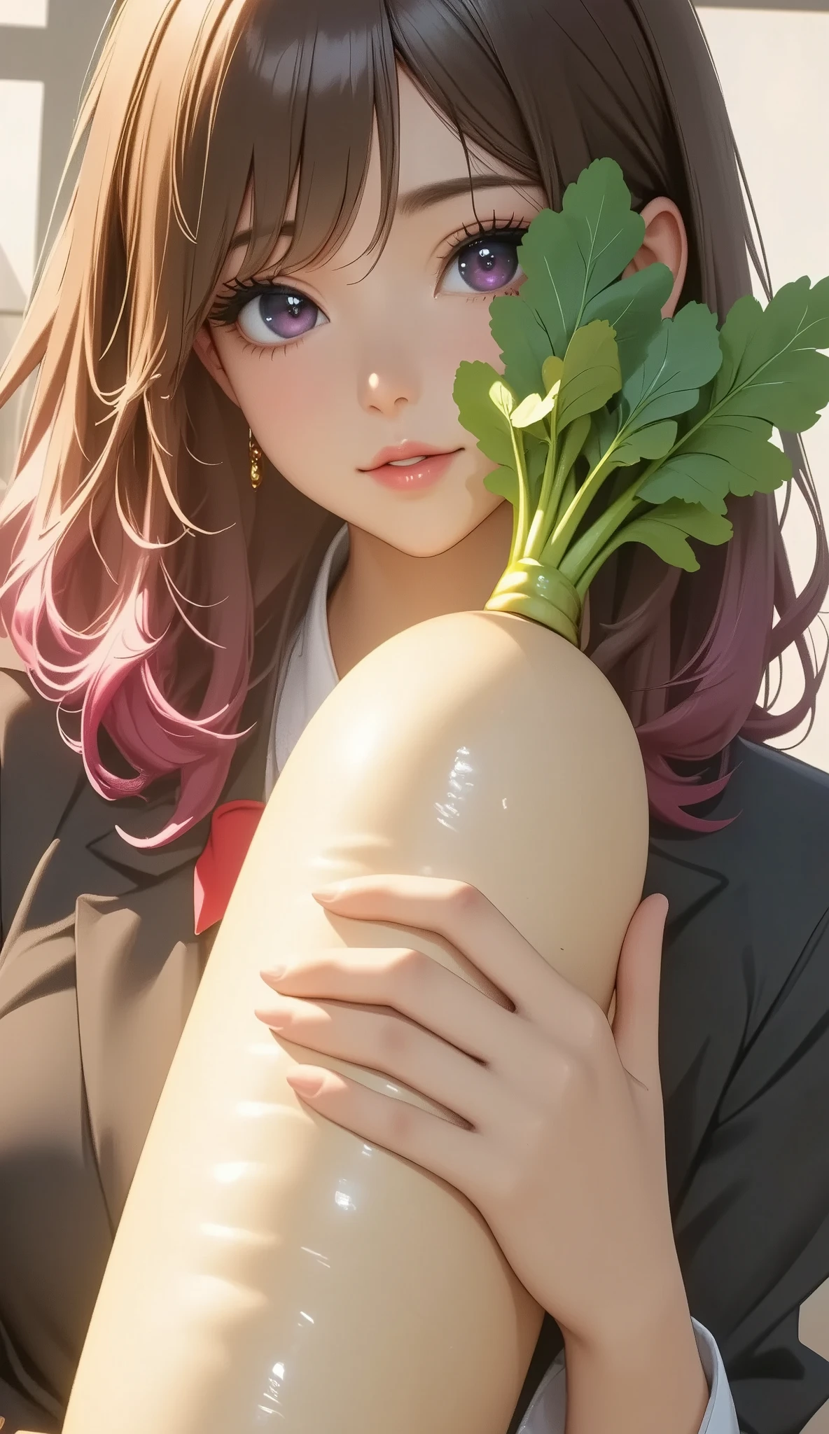 a cute young girl,smiling and holding a giant radish,detailed face and expression,1girl,extremely detailed,beautiful detailed eyes,beautiful detailed lips,extremely detailed eyes and face,longeyelashes,whimsical,fantasy,vibrant colors,soft lighting,warm color palette,detailed background,highly detailed,8k,masterpiece,photorealistic