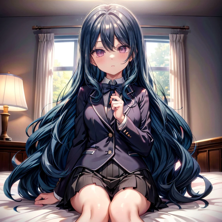 (( top quality)), ((masterpiece)), (  Details), ( super high resolution)、 Nozaki Masaru 、 girl１people、
(Narrow eyes、Half an eye、Jitome、Twirling Eyes :1.2)、(Eye light: 1.2)、 closed mouth、 blue hair 、 Very Long Hair 、( Wavy Hair :1.2)、 purple eyes、 beautiful eyes、 No Emotion、
( Black Blazer 、 Black Mini Skirt 、Black socks)、Thin chest、
 perfect face、超 Detailsな瞳、超 Detailsな肌、 perfect body、( perfect finger、Perfect hands)、
 is sitting on a bed、
bedroom、 professional lighting、８k、