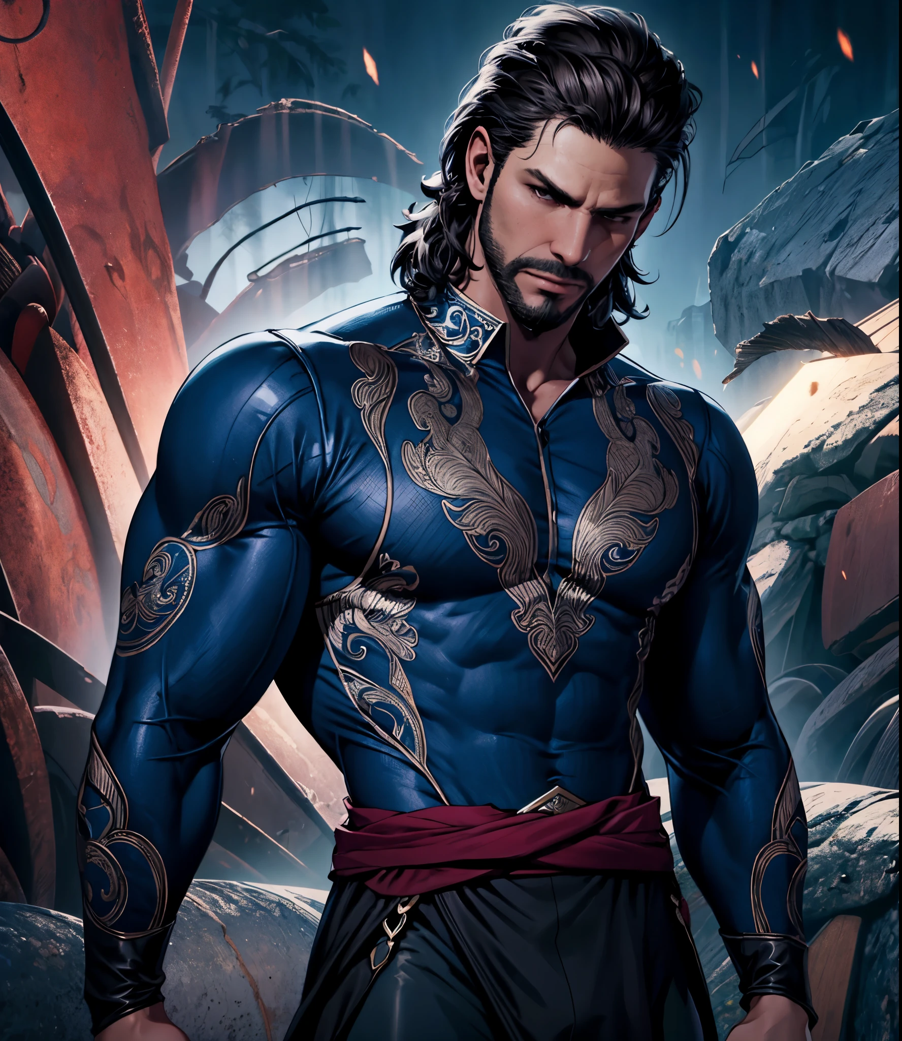 [Picture anime][highest quality photo],[[fantasy mage robe]][ 4k,HD photo quality],Gale, anatomically correct, muscular mature male, eye focus, ultra detailed, bara, muscular, male focus, solo, seductive, (royal lycra dark-blue rashguard:1.1), 1boy, (black lycra tights:1.1), covered pectorals, bodybuilder, eye focus, detailed face, dark brown hair, dark-blue and black theme, intricate details, short beard,