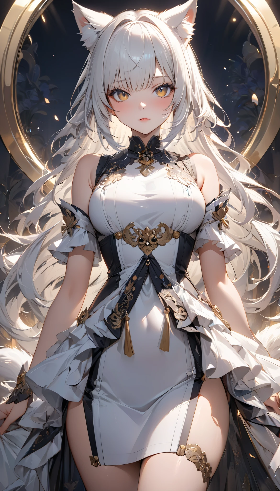 (((Best quality, 8k, Masterpiece: 1.3)), ((best quality)), ((masterpiece)), (detailed), perfect face, perfect body, (detailed skin:1.3), (intricate details), white hair, hime cut, cat ears, wolf cut hair, cowboy shot