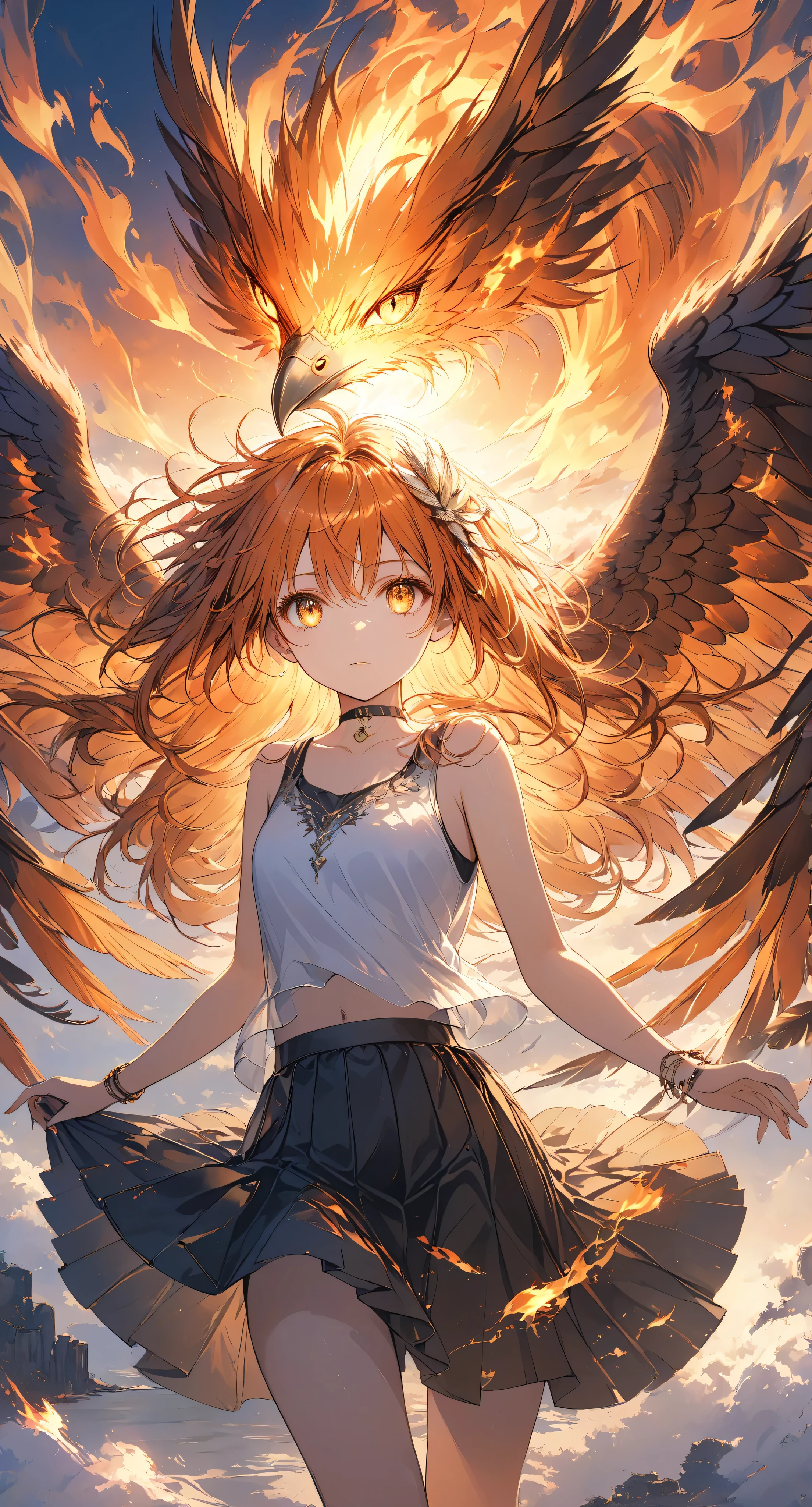 Masterpiece, high quality, high resolution, 16K, highly detailed background, digital painting, unreal engine, Makoto Shinkai illustration, hyperrealistic, fantasy, petite girl, phoenix, beautiful face, beautiful skin, long eyelashes, beautiful eyes, beautiful legs Full body, orange hair, messy hair, reddish tint to the tips, feather hairpiece, golden eyes, flame pattern around eyes, fair skin, flame pattern on hands and arms, tank top and skirt, white and orange based clothing, transparent material, choker, expressionless face, burning sunset, dynamic angles