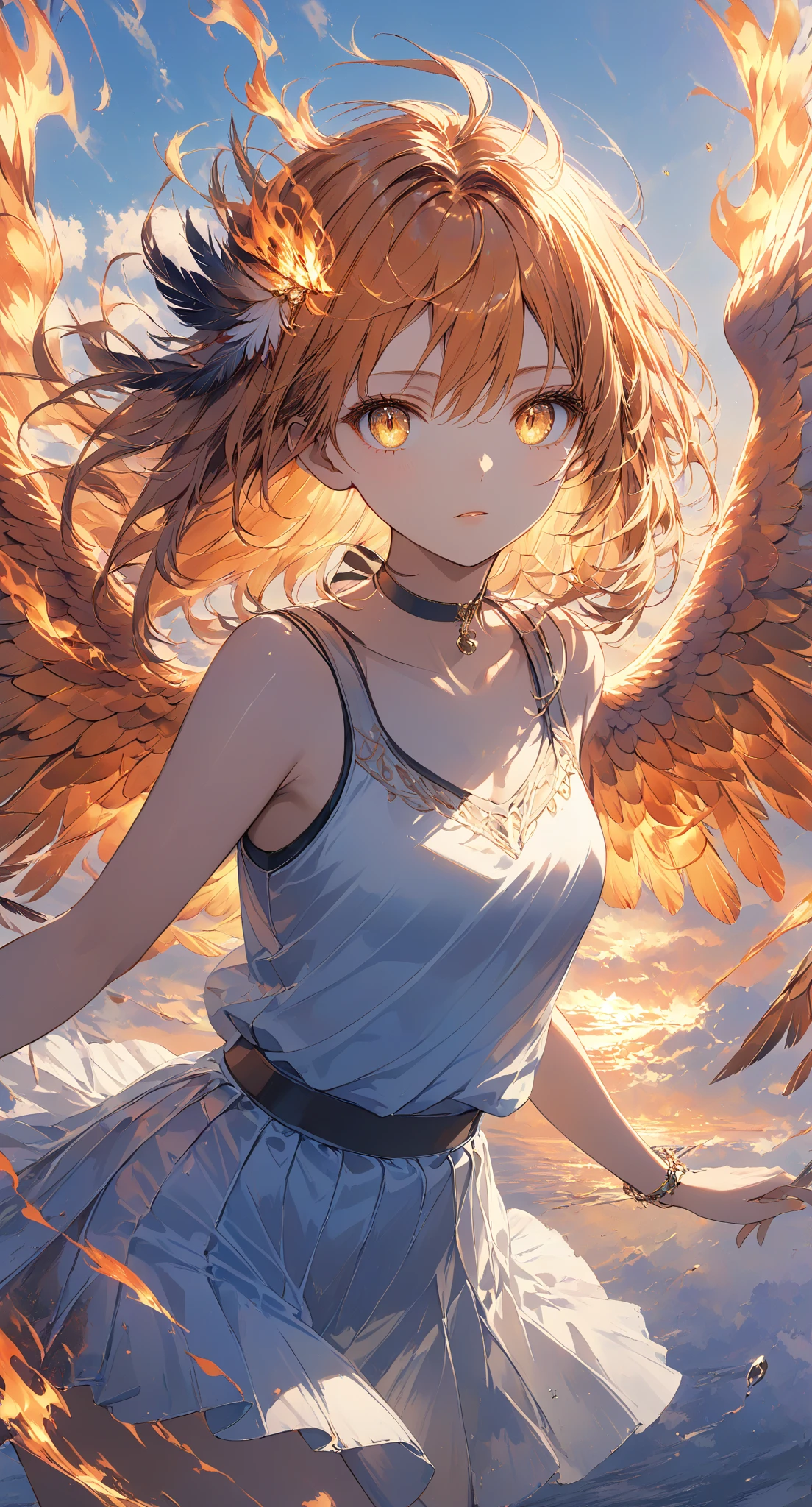 Masterpiece, high quality, high resolution, 16K, highly detailed background, digital painting, unreal engine, Makoto Shinkai illustration, hyperrealistic, fantasy, petite girl, phoenix, beautiful face, beautiful skin, long eyelashes, beautiful eyes, beautiful legs Full body, orange hair, messy hair, reddish tint to the tips, feather hairpiece, golden eyes, flame pattern around eyes, fair skin, flame pattern on hands and arms, tank top and skirt, white and orange based clothing, transparent material, choker, expressionless face, burning sunset, dynamic angles