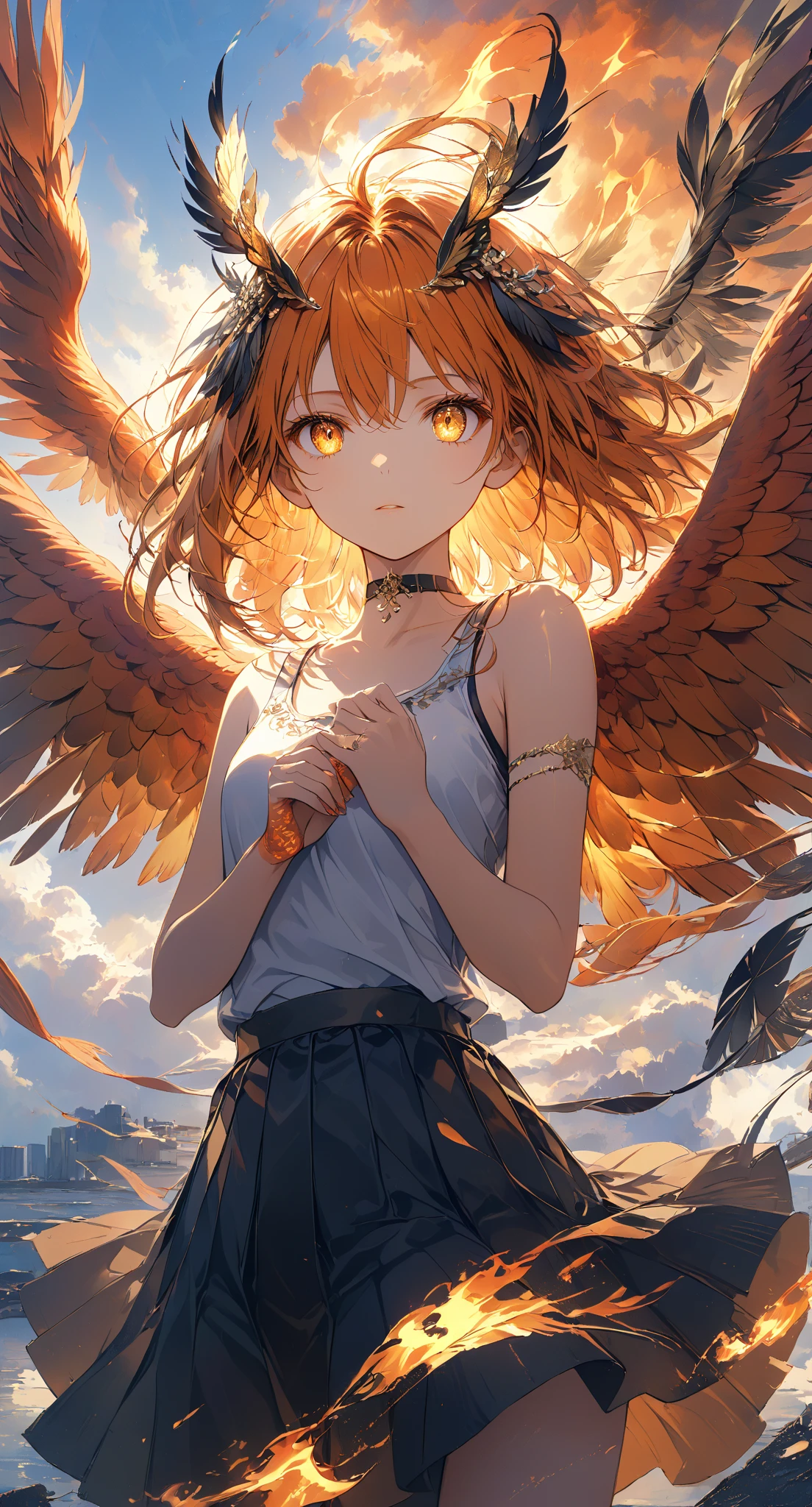 Masterpiece, high quality, high resolution, 16K, highly detailed background, digital painting, unreal engine, Makoto Shinkai illustration, hyperrealistic, fantasy, petite girl, phoenix, beautiful face, beautiful skin, long eyelashes, beautiful eyes, beautiful legs Full body, orange hair, messy hair, reddish tint to the tips, feather hairpiece, golden eyes, flame pattern around eyes, fair skin, flame pattern on hands and arms, tank top and skirt, white and orange based clothing, transparent material, choker, expressionless face, burning sunset, dynamic angles