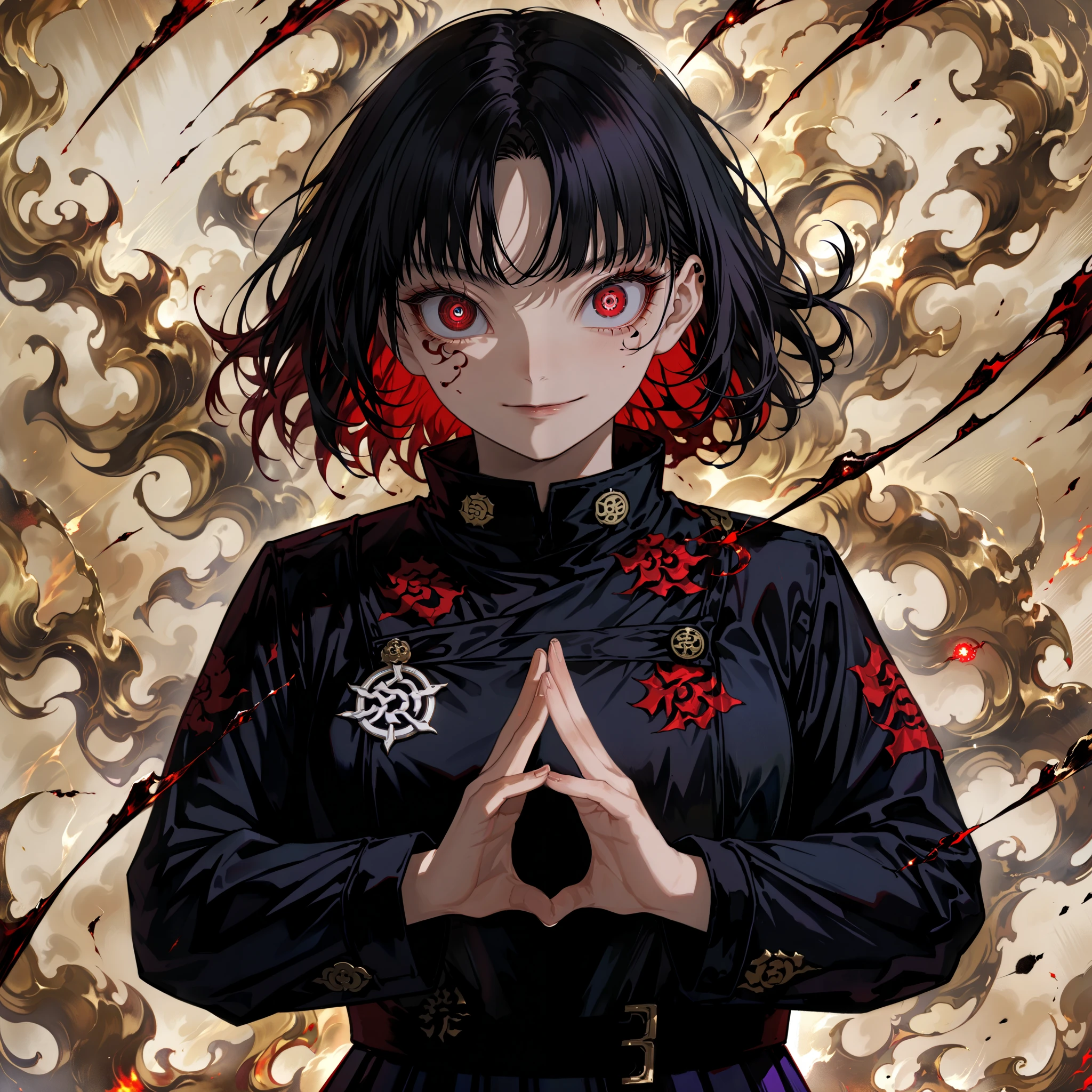 score_9, score_8_up, score_7_up, ((high_quality)), ((Super_Detailed)), (Jujutsu kaisen style, horror), (1girl, solo), (upper body, portrait), black hair, red eyes, evil smile, (black jacket, emblem), black skirt, BREAK (make hands sign of Buddhism, fingers forming a mudra (touching each tips of finger)), sand storm background