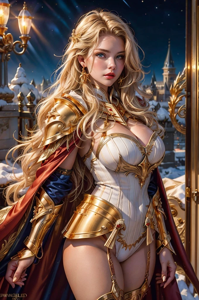 Ultimate beauty of a goddess, best looks, most beautiful body, large breasts with cleavage, Gold color hair, white & gold lingerie armor, wielding a sword