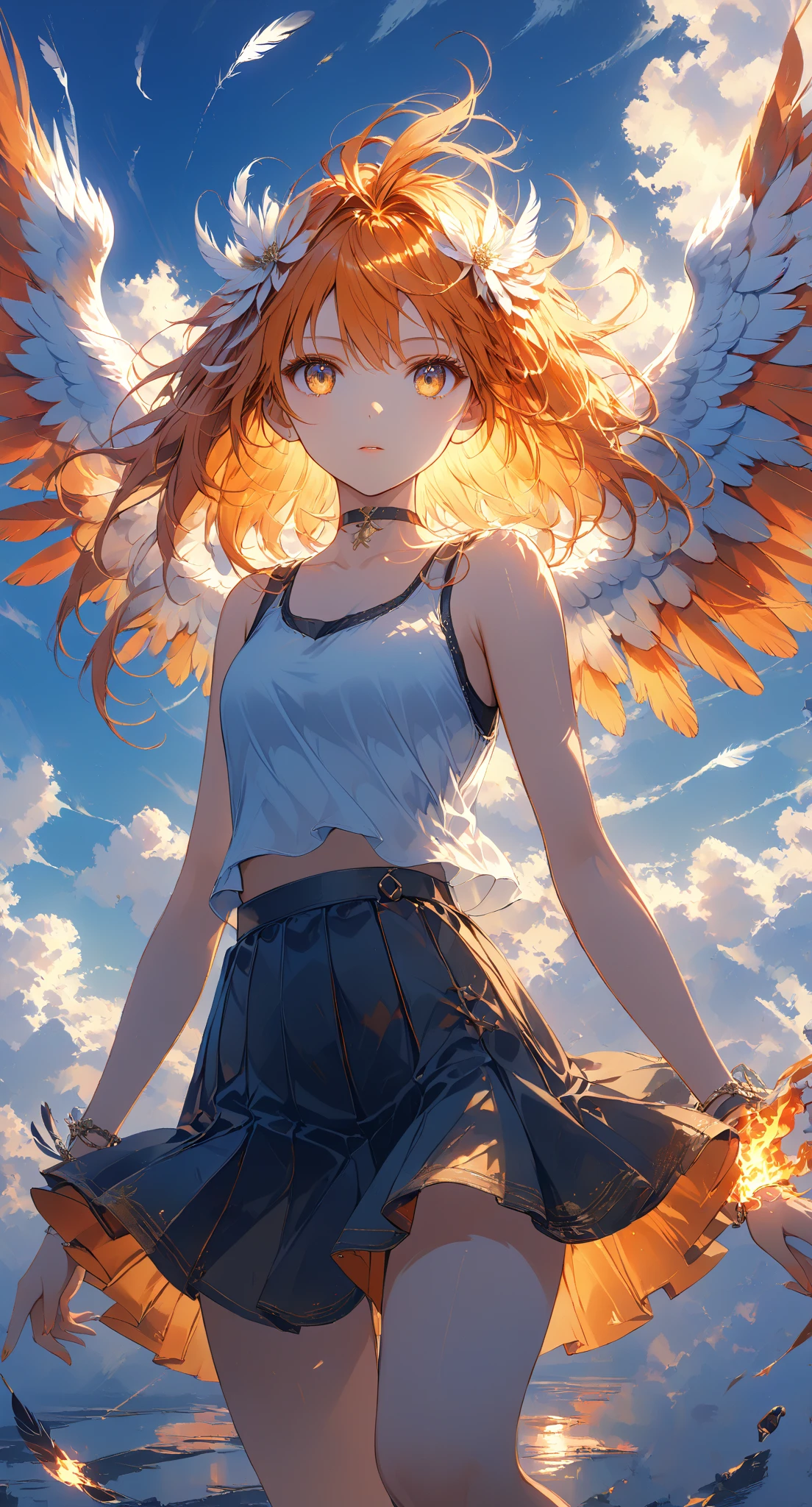 Masterpiece, high quality, high resolution, 16K, highly detailed background, digital painting, unreal engine, Makoto Shinkai illustration, hyperrealistic, fantasy, petite girl, one phoenix flying behind her, beautiful face, beautiful skin, long eyelashes, beautiful eyes, beautiful legs, full body, orange hair, messy hair, red tips, feather hairpiece, golden eyes, fair skin, flames on hands and arms, tank top and skirt, white and orange colored clothing, transparent material, choker, expressionless face, burning sunset, dynamic angle