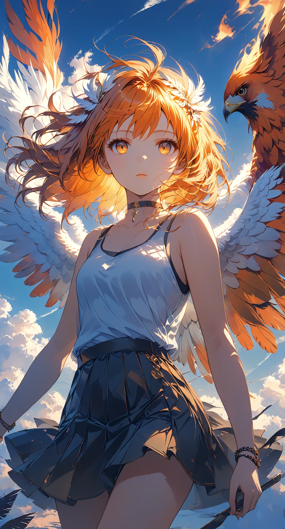 Masterpiece, high quality, high resolution, 16K, highly detailed background, digital painting, unreal engine, Makoto Shinkai illustration, hyperrealistic, fantasy, petite girl, one phoenix flying behind her, beautiful face, beautiful skin, long eyelashes, beautiful eyes, beautiful legs, full body, orange hair, messy hair, red tips, feather hairpiece, golden eyes, fair skin, flames on hands and arms, tank top and skirt, white and orange colored clothing, transparent material, choker, expressionless face, burning sunset, dynamic angle