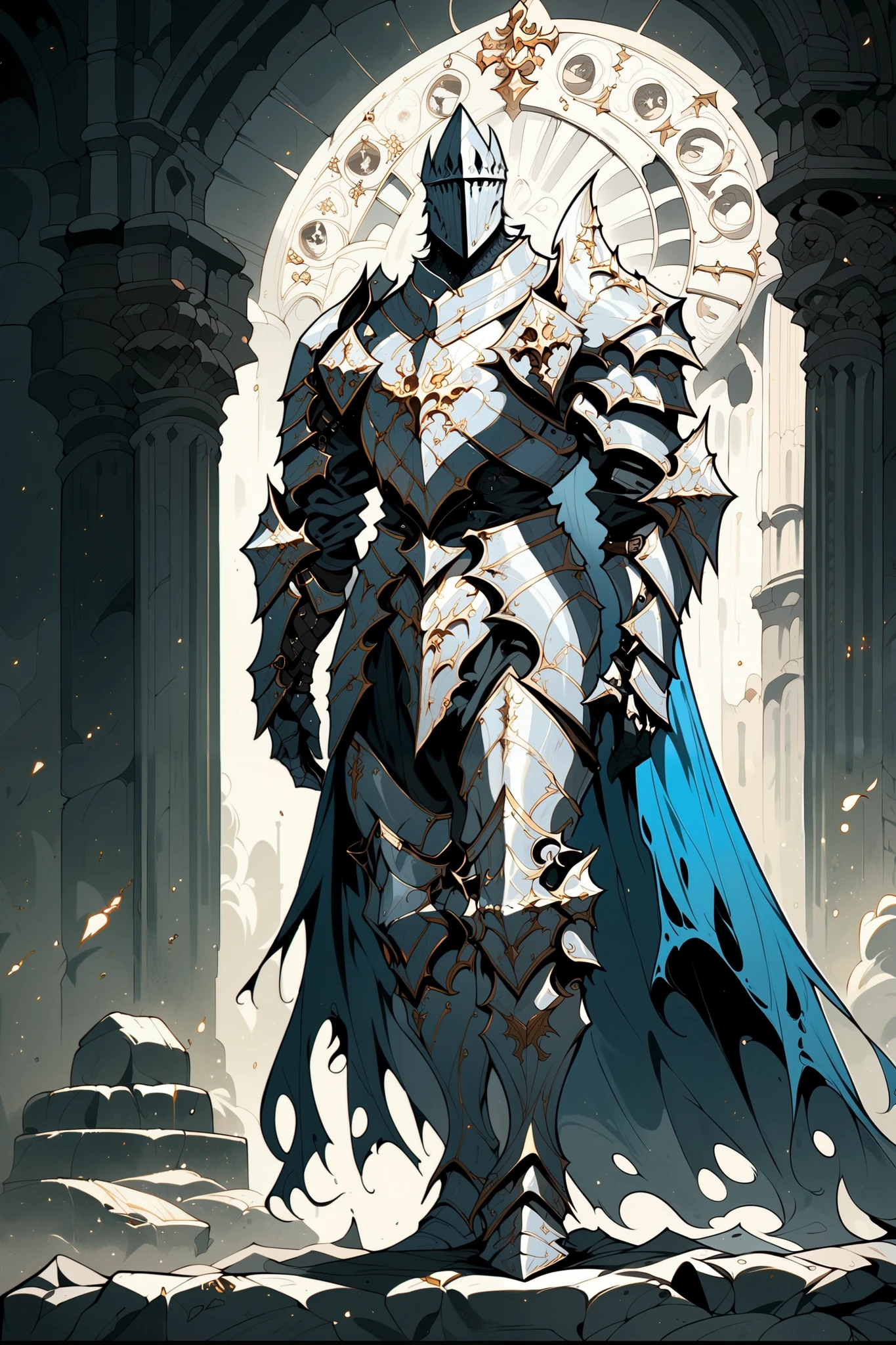 score_9, score_8_up, score_7_up, score_6_up, score_5_up, score_4_up, arm0rs3nt1n3l, full body shot, solo, 1boy, silver gothic armor, blue cape, torn cape, silver knight armor, gothic helmet, male focus, blue glow, glow particles, medieval fantasy, dark fantasy, torn chestplate, full armor, silver armor, boots, pants, shoulder armor, templar, temple background, plated armor, spiked armor, curved plates, high definition, cinematic illustration, stylized cartoon