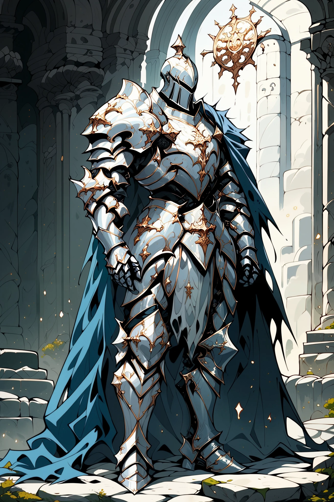 score_9, score_8_up, score_7_up, score_6_up, score_5_up, score_4_up, arm0rs3nt1n3l, full body shot, solo, 1boy, silver gothic armor, blue cape, torn cape, silver knight armor, gothic helmet, male focus, blue glow, glow particles, medieval fantasy, dark fantasy, torn chestplate, full armor, silver armor, boots, pants, shoulder armor, templar, temple background, plated armor, spiked armor, curved plates, high definition, cinematic illustration, stylized cartoon