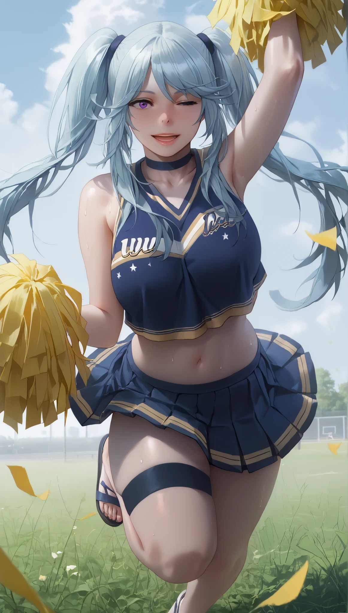 score_9, score_8_up, score_7_up, score_6_up, score_5_up, score_4_up, uncensored, epsilon, long hair, twintails, blue hair, purple eyes, sidelocks, (skindentation:1.2), (thick:1.2), BREAK (perfect hands, perfect anatomy), beautiful detailed eyes, beautiful detailed lips, extremely detailed face and portrait, elegant expression, soft warm lighting, volumetric lighting, cinematic composition, detailed environment, lush garden, vibrant colors, intricate details, masterpiece, high resolution, digital painting, excessive sweating, sweating profusely, sweating drop, gasping, heavy breathing, hollow eyes (Abstractionism:1.2), BREAK, hearts, pleasured, large breasts, sagging breasts, 1girl, breasts, pom pom \(cheerleading\), cheerleader, solo, skirt, one eye closed, navel, smile, midriff, crop top, open mouth, full body, panties, field, looking at viewer, underwear, white background, pleated skirt, thigh strap, thighs, sandals, sleeveless, arm up, bare shoulders, choker, cloudy sky, dusk, 
