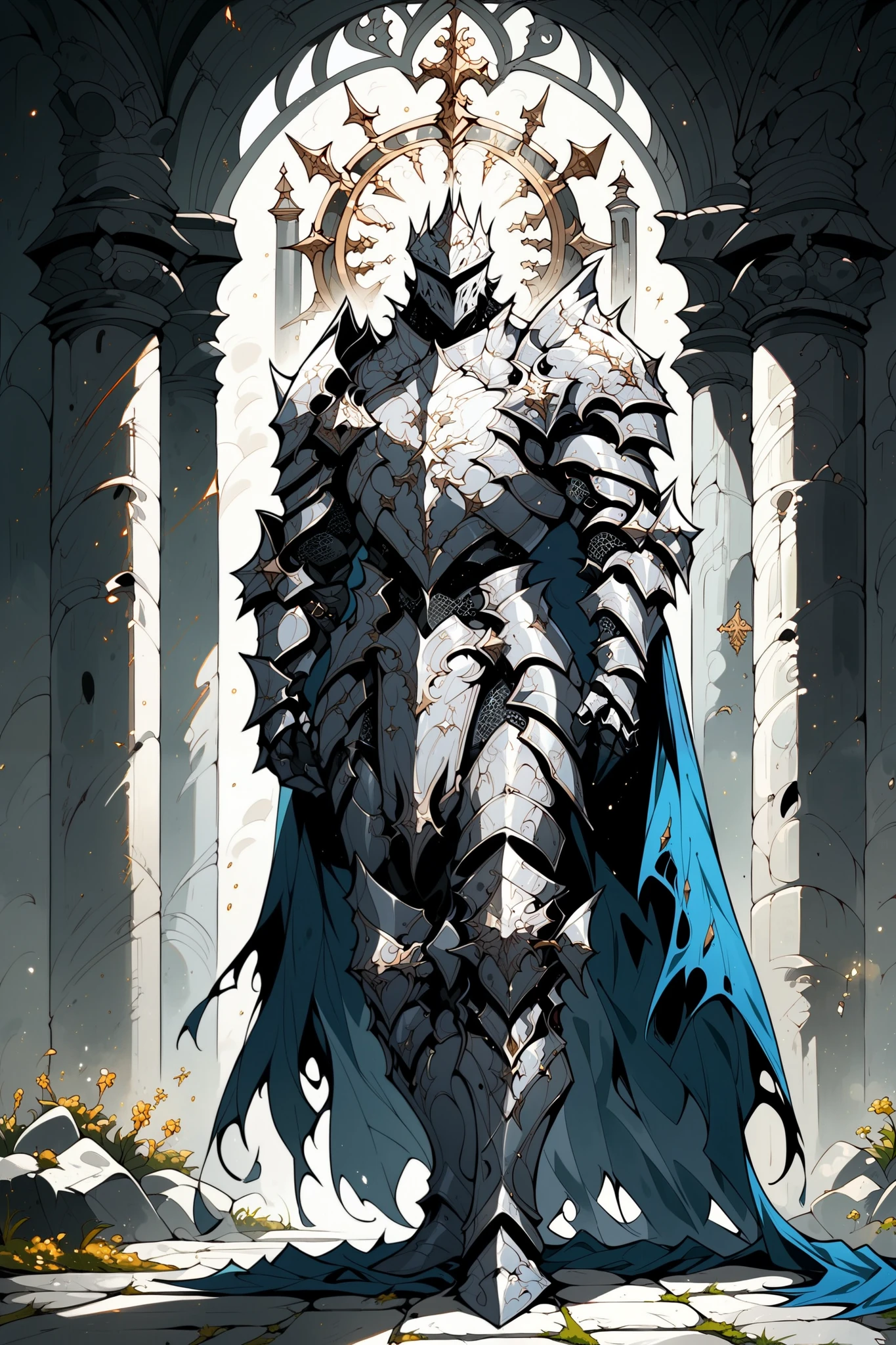 score_9, score_8_up, score_7_up, score_6_up, score_5_up, score_4_up, arm0rs3nt1n3l, full body shot, solo, 1boy, silver gothic armor, blue cape, torn cape, silver knight armor, gothic helmet, male focus, blue glow, glow particles, medieval fantasy, dark fantasy, torn chestplate, full armor, silver armor, boots, pants, shoulder armor, templar, temple background, plated armor, spiked armor, curved plates, high definition, cinematic illustration, stylized cartoon