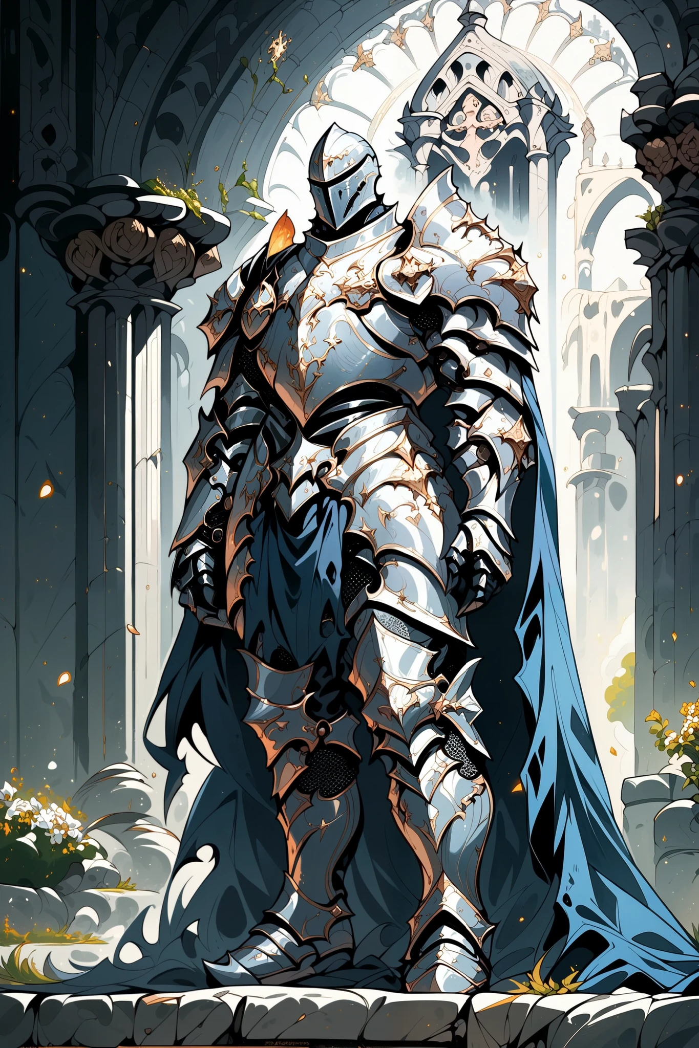 score_9, score_8_up, score_7_up, score_6_up, score_5_up, score_4_up, arm0rs3nt1n3l, full body shot, solo, 1boy, silver gothic armor, blue cape, torn cape, silver knight armor, gothic helmet, male focus, blue glow, glow particles, medieval fantasy, dark fantasy, torn chestplate, full armor, silver armor, boots, pants, shoulder armor, templar, temple background, plated armor, spiked armor, curved plates, high definition, cinematic illustration, stylized cartoon