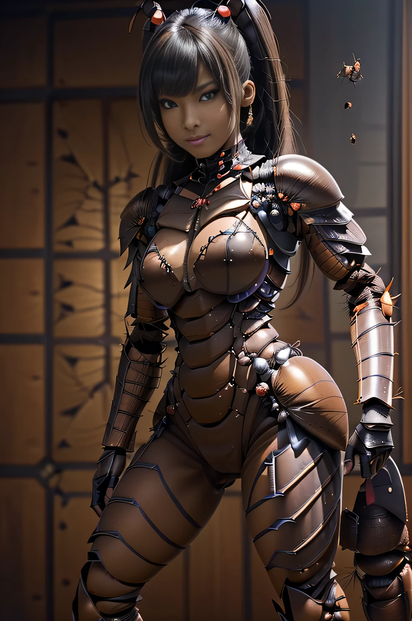 (high resolution,masterpiece,best quality,extremely detailed CG, anime, official art:1.4), realistic, photo, amazing fine details, all intricate, gloss and shiny,awesome many layers, 8k wall paper, 3d, sketch, kawaii, illustration,( solo:1.4), perfect female proportion,villainess, (fusion of dark brown cockroach and lady:1.4), (brown cockroach form lady:1.2), (brown cockroach lady:1.2), (fusion:1.2), (solo:1.4), (evil smile:1.2), muscular, abs, (cockroach brown exoskeleton bio insect suit:1.4), (cockroach brown exoskeleton bio insect armor:1.2), (brown transparency cockroach wing:1.4), (brown cockroach antennae:1.3),