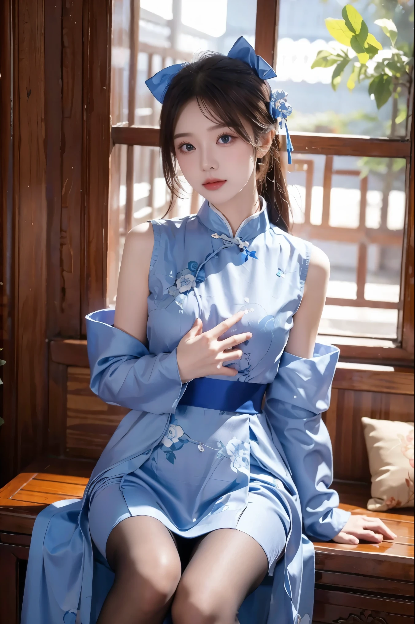 Cheongsam, 1 girl, blue bow, blue eyes, blue flowers, blue ribbon, blue rose, chest, Chinese clothing, Chinese clothing, dress, flower, gradient, gradient background, embroidered ball flower, looking at the audience, small chest, pantyhose, rose, single, thigh pantyhose