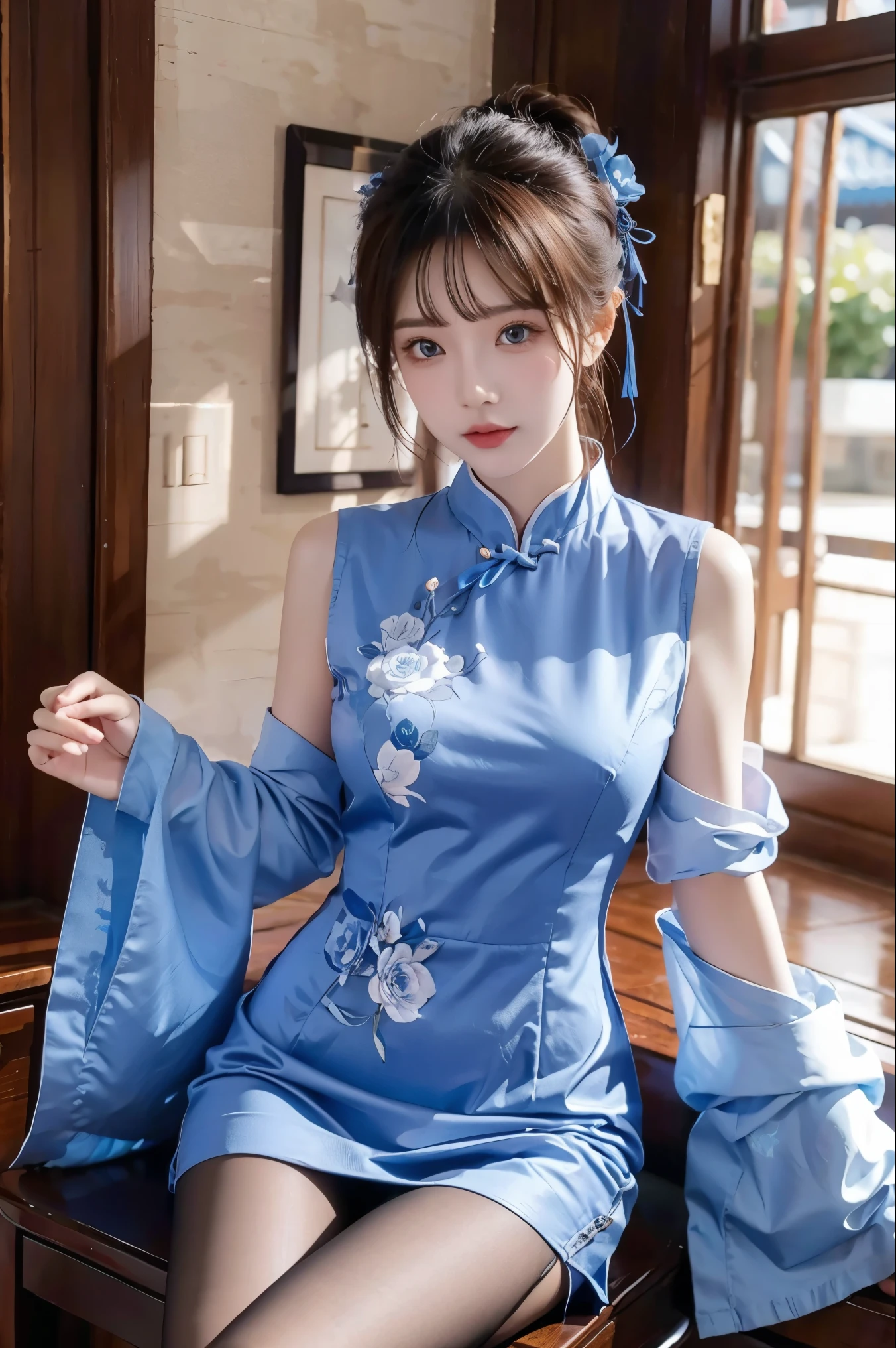 Cheongsam, 1 girl, blue bow, blue eyes, blue flowers, blue ribbon, blue rose, chest, Chinese clothing, Chinese clothing, dress, flower, gradient, gradient background, embroidered ball flower, looking at the audience, small chest, pantyhose, rose, single, thigh pantyhose