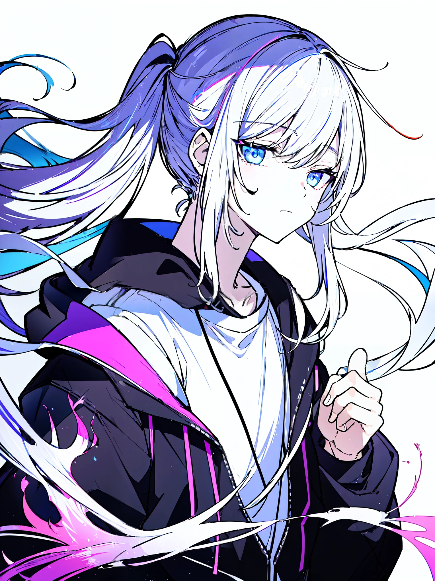 [(WHITE BACKGROUND:1.5),::5], ((((masterpiece)))), high quality, ultra very high resolution, full color, (((solo))), ((younger boy)), White hair, high ponytail, (Purple streaked hair), ((Black Blue eyes)), anime, ((upper body)), neon light, black parka, (flame effect:1.3)