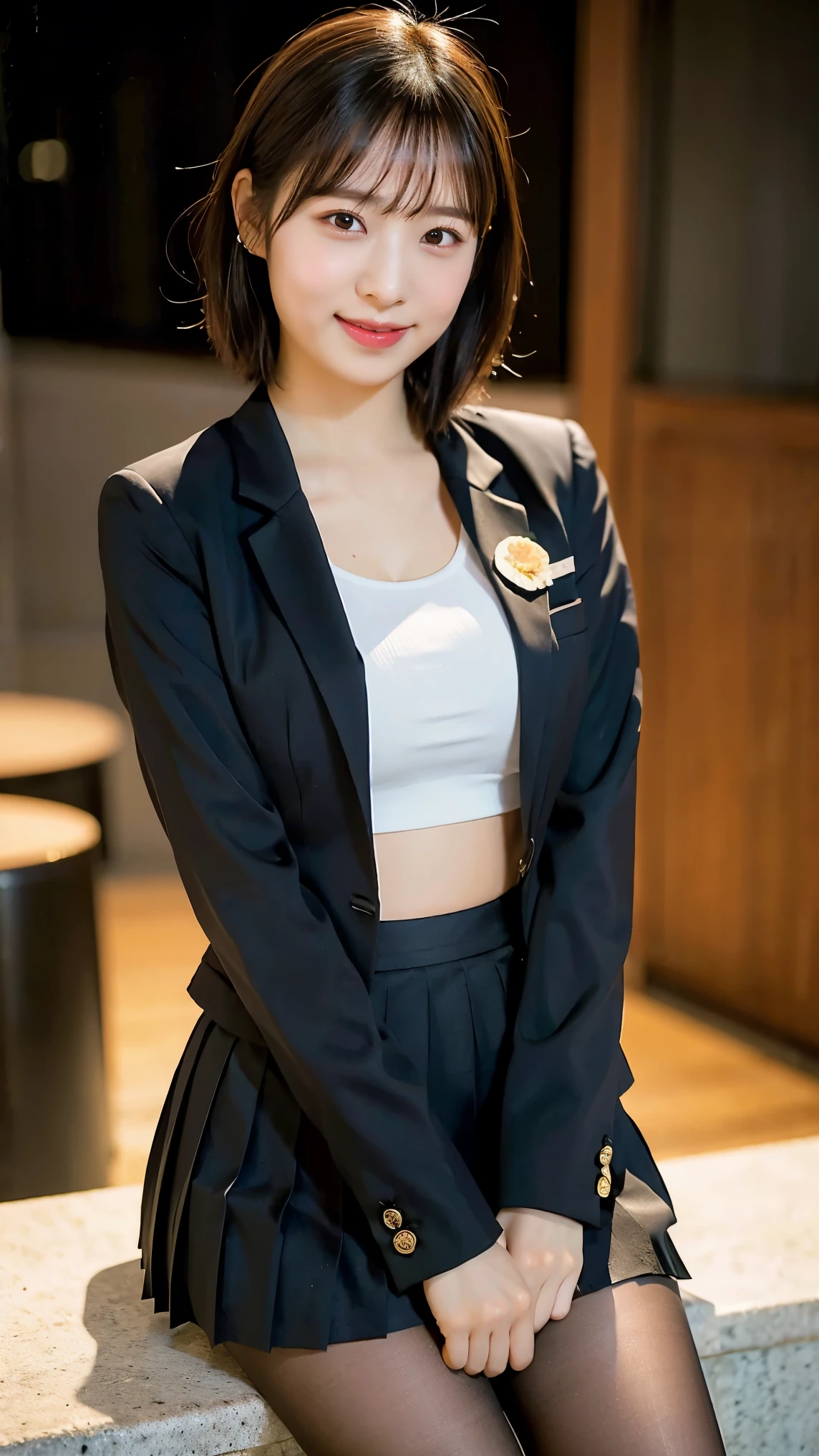 (8k), (highest quality: 1.2), (Realistic), (Realistic: 1.37), Ultra-high resolution, 1 girl, cute, Shiny skin,Blushing,smile, Mouth closed, Beautiful details, Beautiful Nose, whole body, Wet Hair,very short bob hair,Giant Dulcefo, pork,Navel exposed,University Student Uniform, sports bra,(A simple blazer, (check pattern Pleated skirt:1.2), black pantyhose, japanese new year atmosphere,