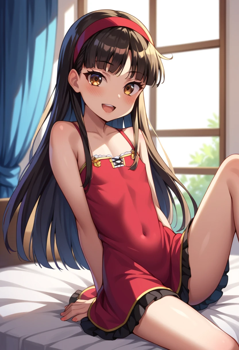 (( top quality)), ((masterpiece)), (be familiar with),  perfect face, indoor, bedroom,  viewer,
One woman,  Yukiko Aikina,
 open mouth,  ecstatic expression with hands in front of body, blush, smile,
 small ,  flat chested, Young girl, Lori,  kids,  girl,
 long hair,  long hair,
Leg spread,