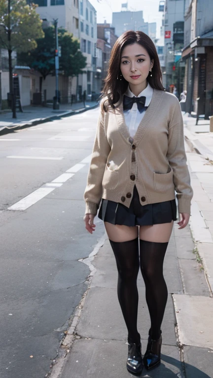 full body shot, from below,  japanese mature,  detailed face , smile, Facial wrinkles, Wrinkles around the eyes,  Detailed Skin Textures ,  white skin,  heavy makeup, (curvy body:1.3), (earrings, red bowtie,brown cardigan,red skirt,pleated skirt,micro miniskirt,black thighhighs:1.2), ( wearing high heels:1.2), ( full body shot from toe to head wearing black high heels, Standing on the sidewalk:1.2), ( surrealism, best quality, ultra detailed, absolutely resolution, 8k, anatomically correct), depth of field, looking at viewer,  detailed face 