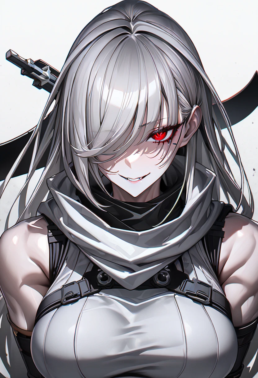 最 High Quality , 8k,  high definition ,  High Quality ,  masterpiece on penis , { anatomically correct}, beautiful, beautiful女性, 20th generation, Silky grey hair, Straight and long, Long bangs covering one eye, red eyes, gleaming skin, Tall and toned, Pointy big breasts,Ninja,  scarf,  Carrying a Sword on Her Back ,Skyscraper, night, face focus, evil smile,