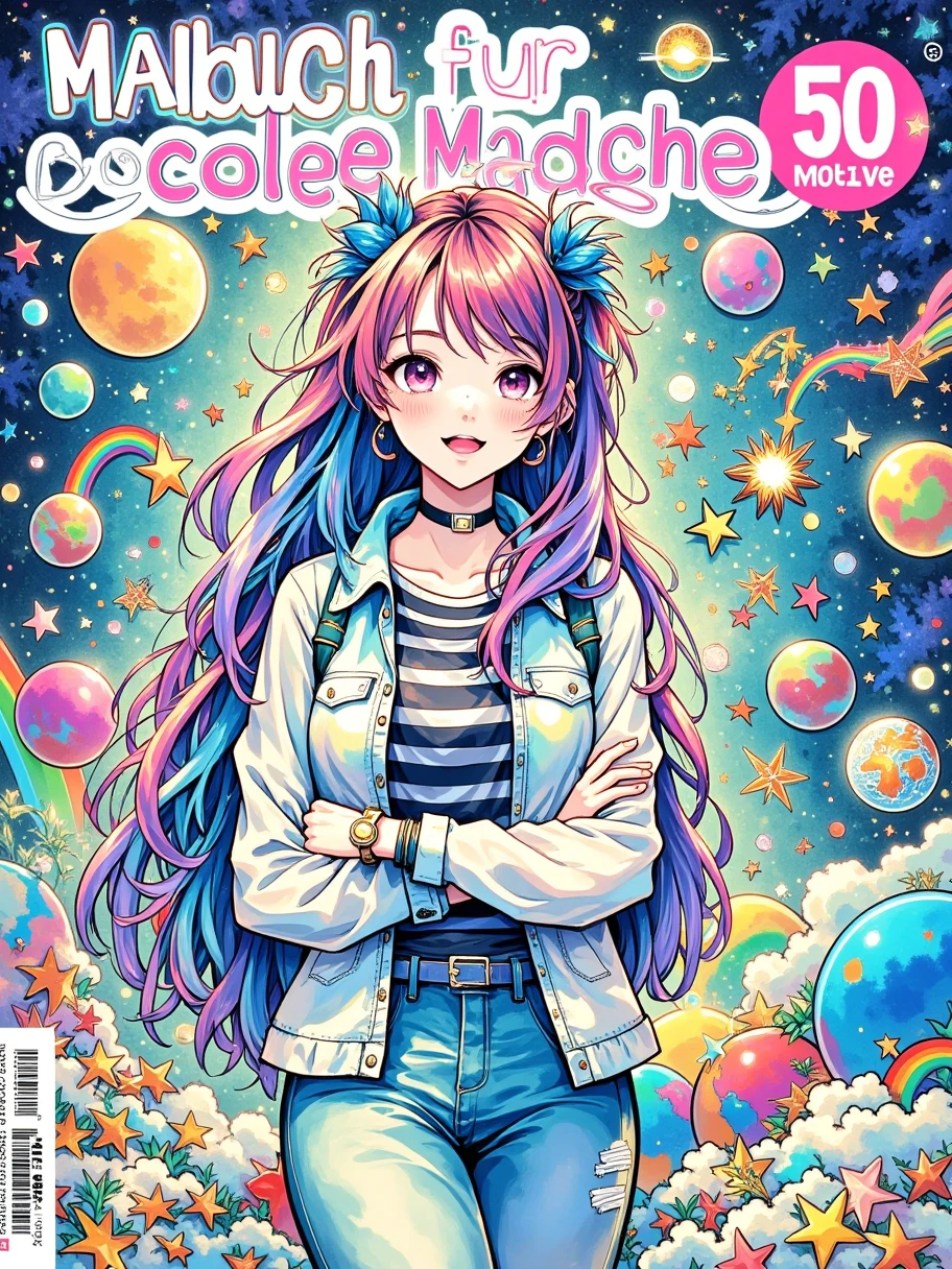 Create a vibrant, detailed coloring book cover featuring a confident and stylish teenage girl with long, wavy, multi-colored hair in shades of pink, purple, and blue. The girl should be standing with her arms crossed, wearing a casual, trendy outfit including a jacket, striped shirt, and jeans. Her expression should be cool and playful, with a small heart sticker on her cheek. Surround her with colorful, playful objects such as planets, stars, rainbows, pencils, paintbrushes, books, globes, and other creative elements, all in a fun and energetic composition. The background should be a detailed, doodle-like pattern filled with more objects, giving a busy and artistic feel. Use bright, bold colors and ensure the overall tone is upbeat and engaging, targeting young girls. Include text at the top that says 'Malbuch fur coole Madchen' in bold, playful letters, with '50 Motive' highlighted as a feature.