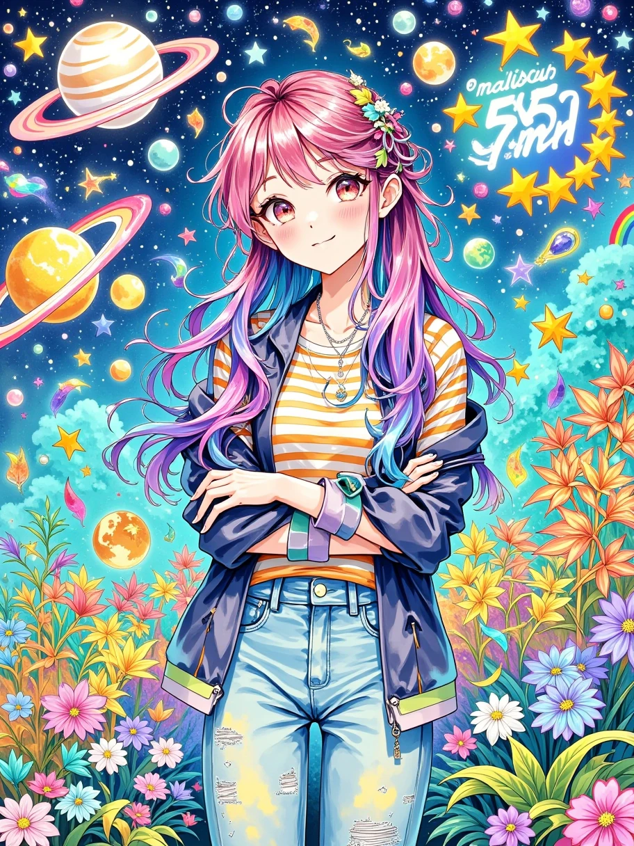 Create a vibrant, detailed coloring book cover featuring a confident and stylish teenage girl with long, wavy, multi-colored hair in shades of pink, purple, and blue. The girl should be standing with her arms crossed, wearing a casual, trendy outfit including a jacket, striped shirt, and jeans. Her expression should be cool and playful, with a small heart sticker on her cheek. Surround her with colorful, playful objects such as planets, stars, rainbows, pencils, paintbrushes, books, globes, and other creative elements, all in a fun and energetic composition. The background should be a detailed, doodle-like pattern filled with more objects, giving a busy and artistic feel. Use bright, bold colors and ensure the overall tone is upbeat and engaging, targeting young girls. Include text at the top that says 'Malbuch fur coole Madchen' in bold, playful letters, with '50 Motive' highlighted as a feature.