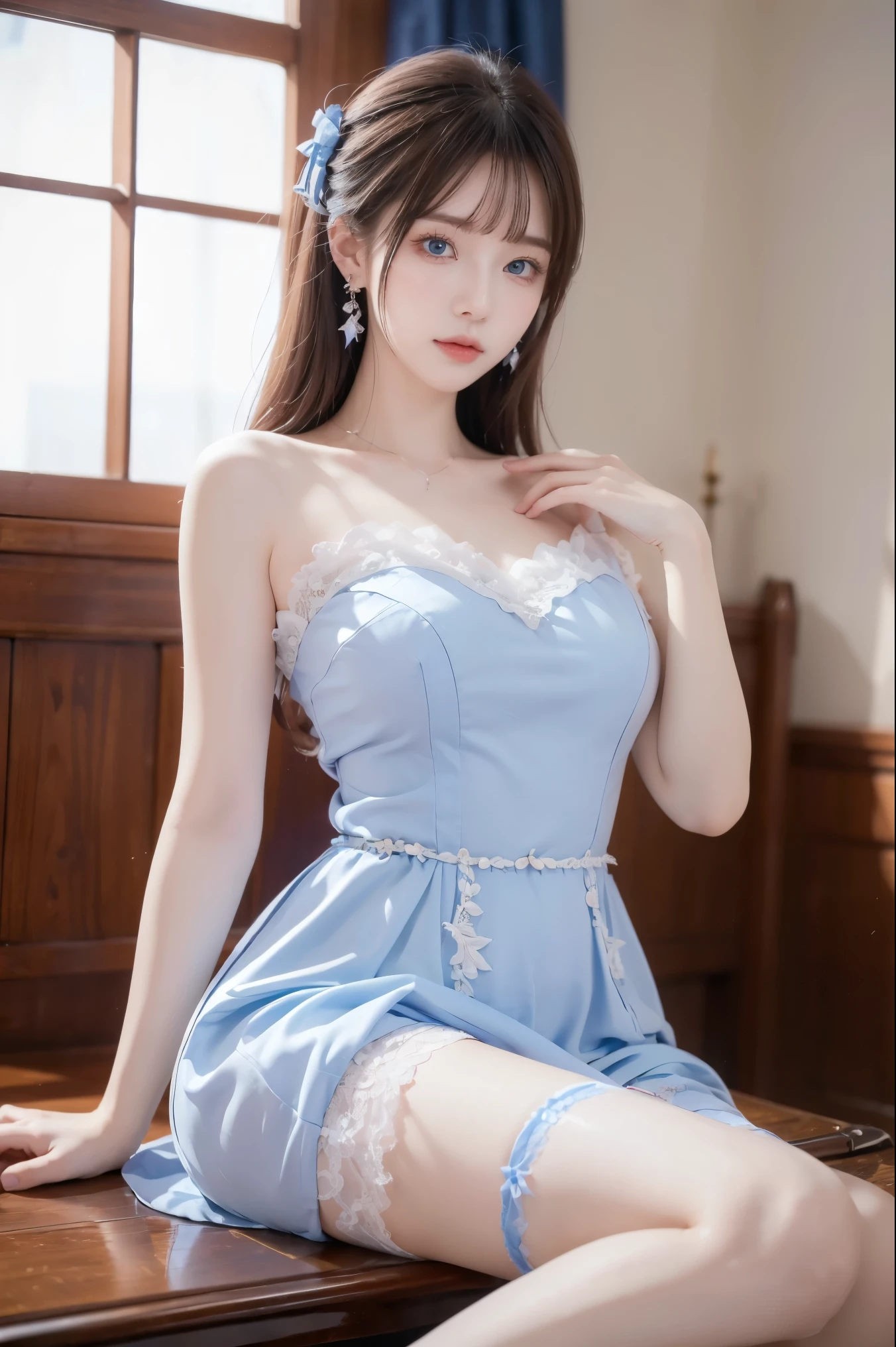 masterpiece, best quality, very aesthetic, absurdres, 1girl, mature_lady,taking off stockings,lace_dress, Jewelry, Earrings,sitting,from below,,furina(genshin impact), heterochromia,bule hair,blue eyes,,blur background,background defocus,