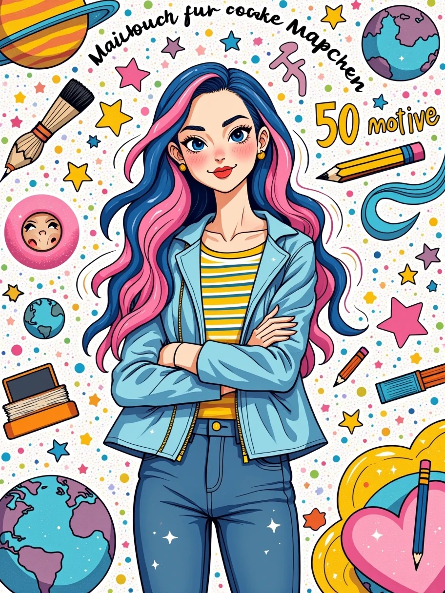 Create a vibrant, detailed coloring book cover featuring a confident and stylish teenage girl with long, wavy, multi-colored hair in shades of pink, purple, and blue. The girl should be standing with her arms crossed, wearing a casual, trendy outfit including a jacket, striped shirt, and jeans. Her expression should be cool and playful, with a small heart sticker on her cheek. Surround her with colorful, playful objects such as planets, stars, rainbows, pencils, paintbrushes, books, globes, and other creative elements, all in a fun and energetic composition. The background should be a detailed, doodle-like pattern filled with more objects, giving a busy and artistic feel. Use bright, bold colors and ensure the overall tone is upbeat and engaging, targeting young girls. Include text at the top that says 'Malbuch fur coole Madchen' in bold, playful letters, with '50 Motive' highlighted as a feature.